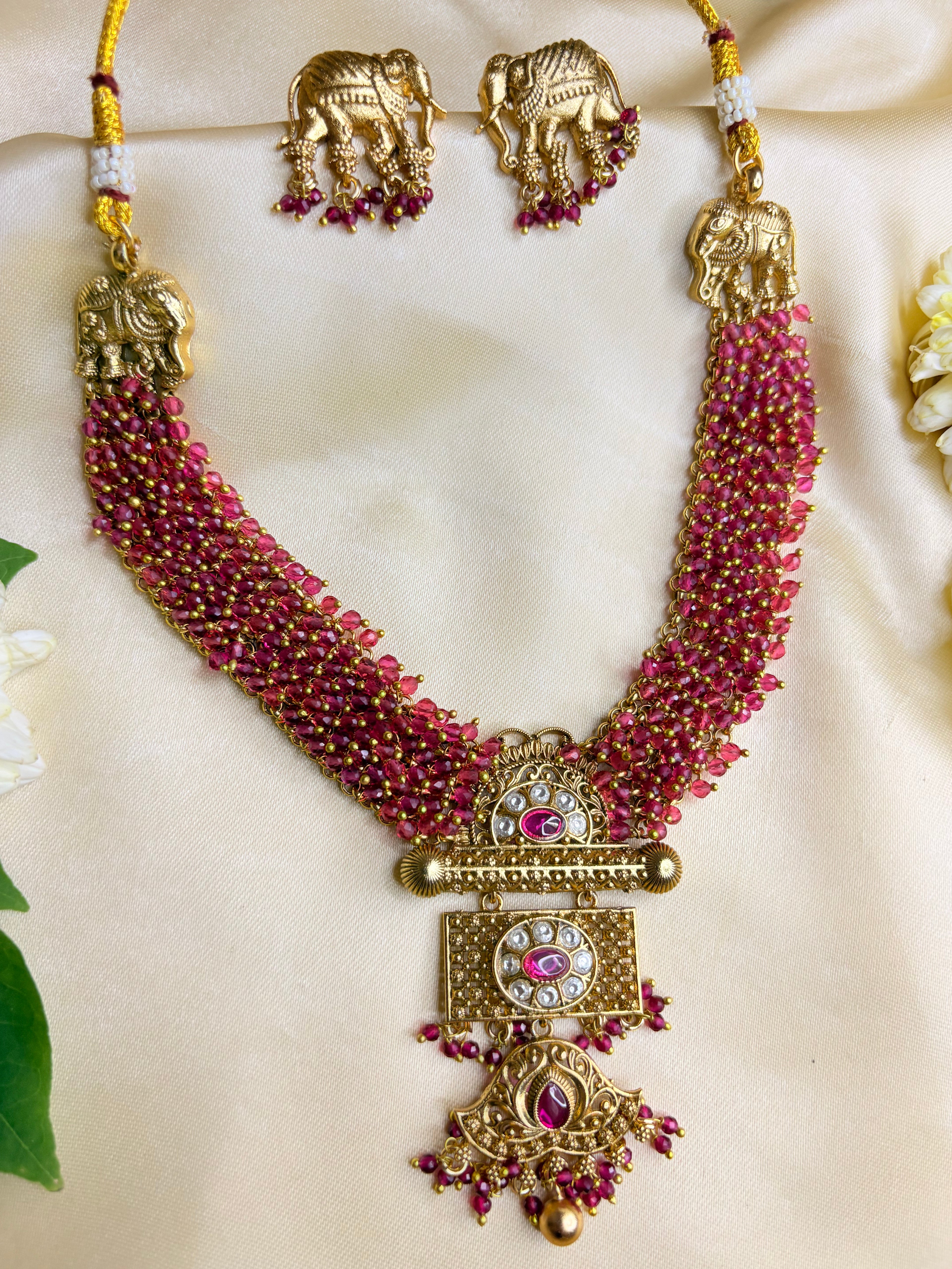 Gold and Ruby Beaded Elephant Pendant Necklace Set