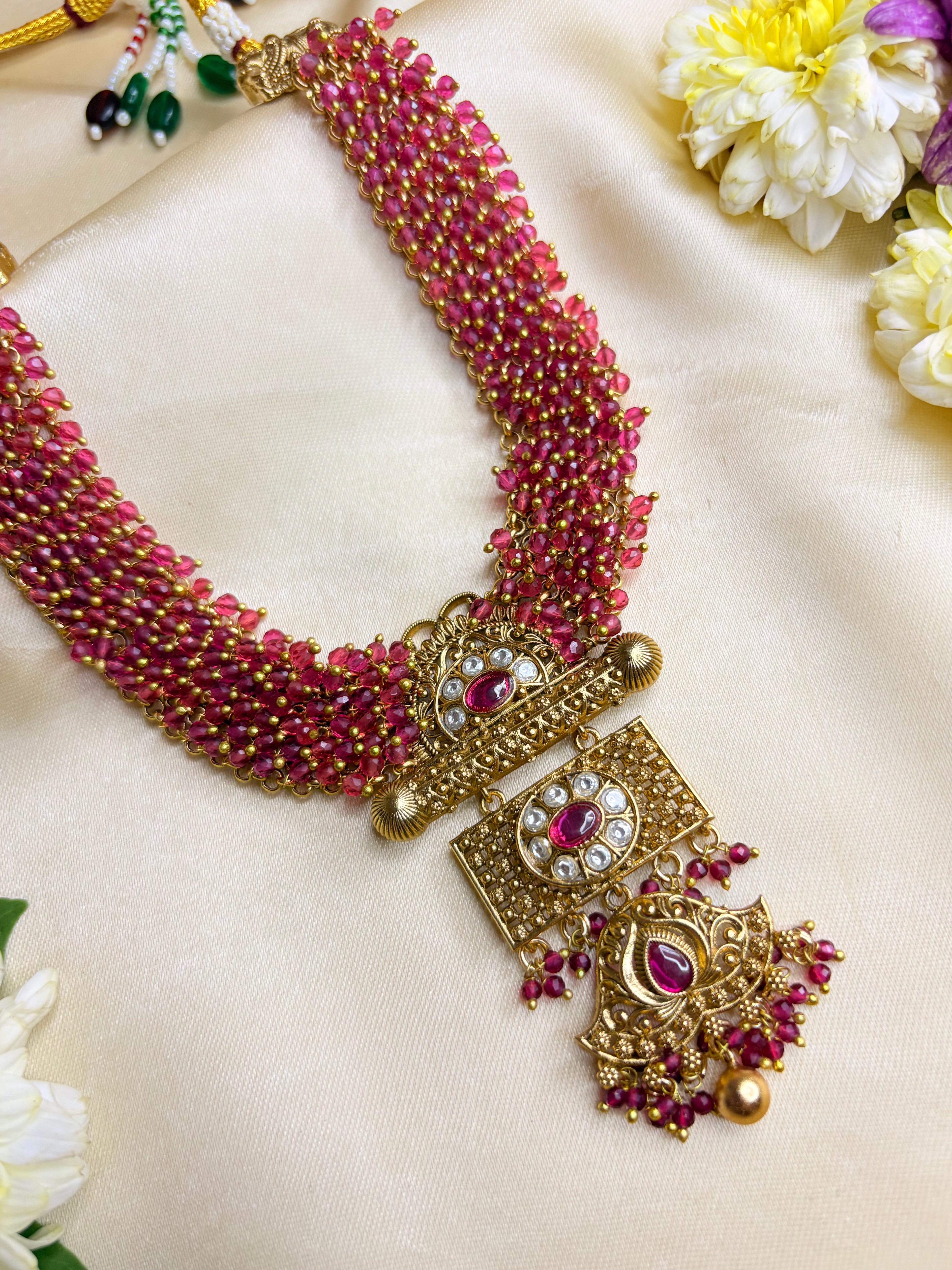 Gold and Ruby Beaded Elephant Pendant Necklace Set