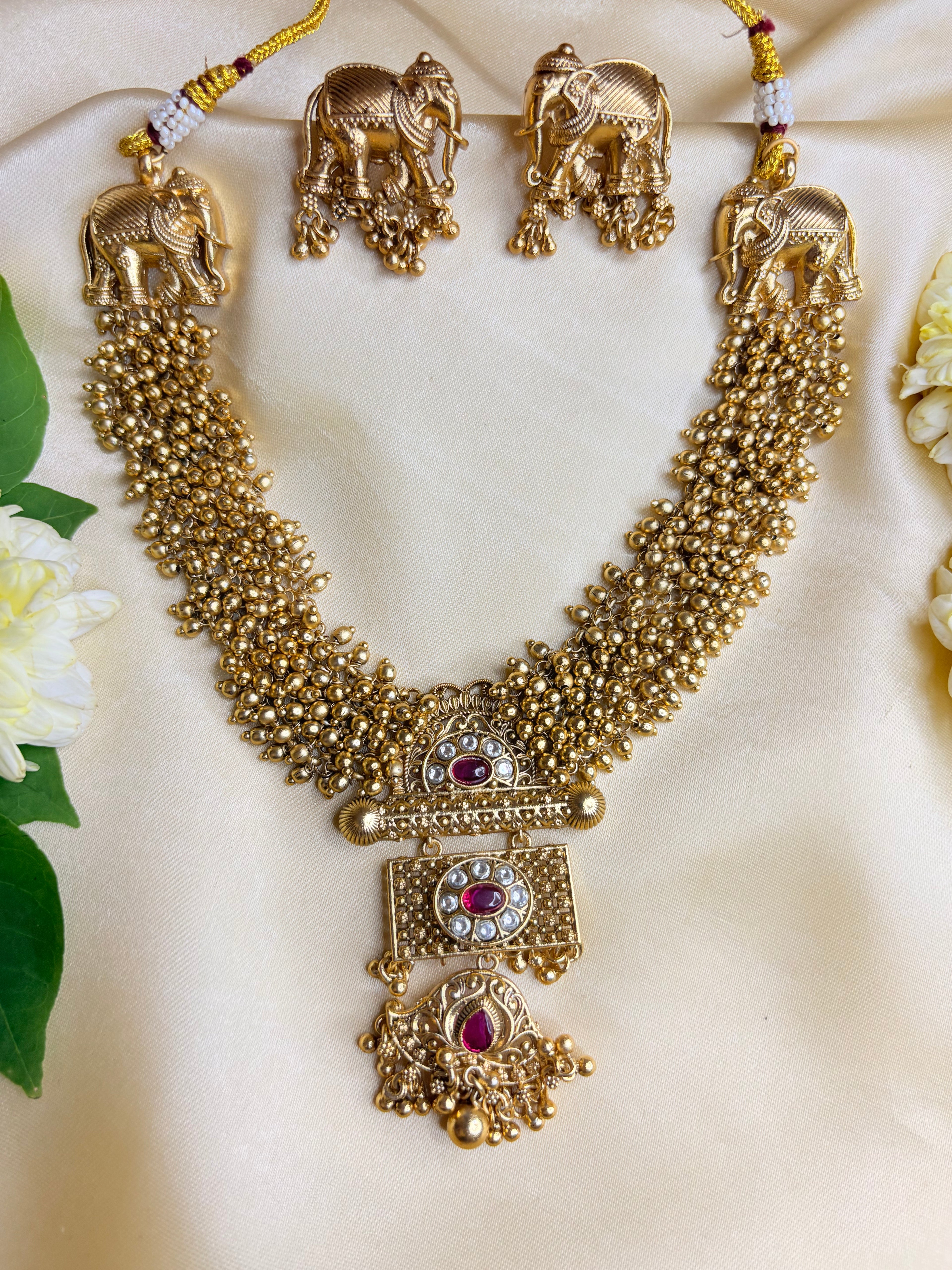 Gold and Ruby Beaded Elephant Pendant Necklace Set