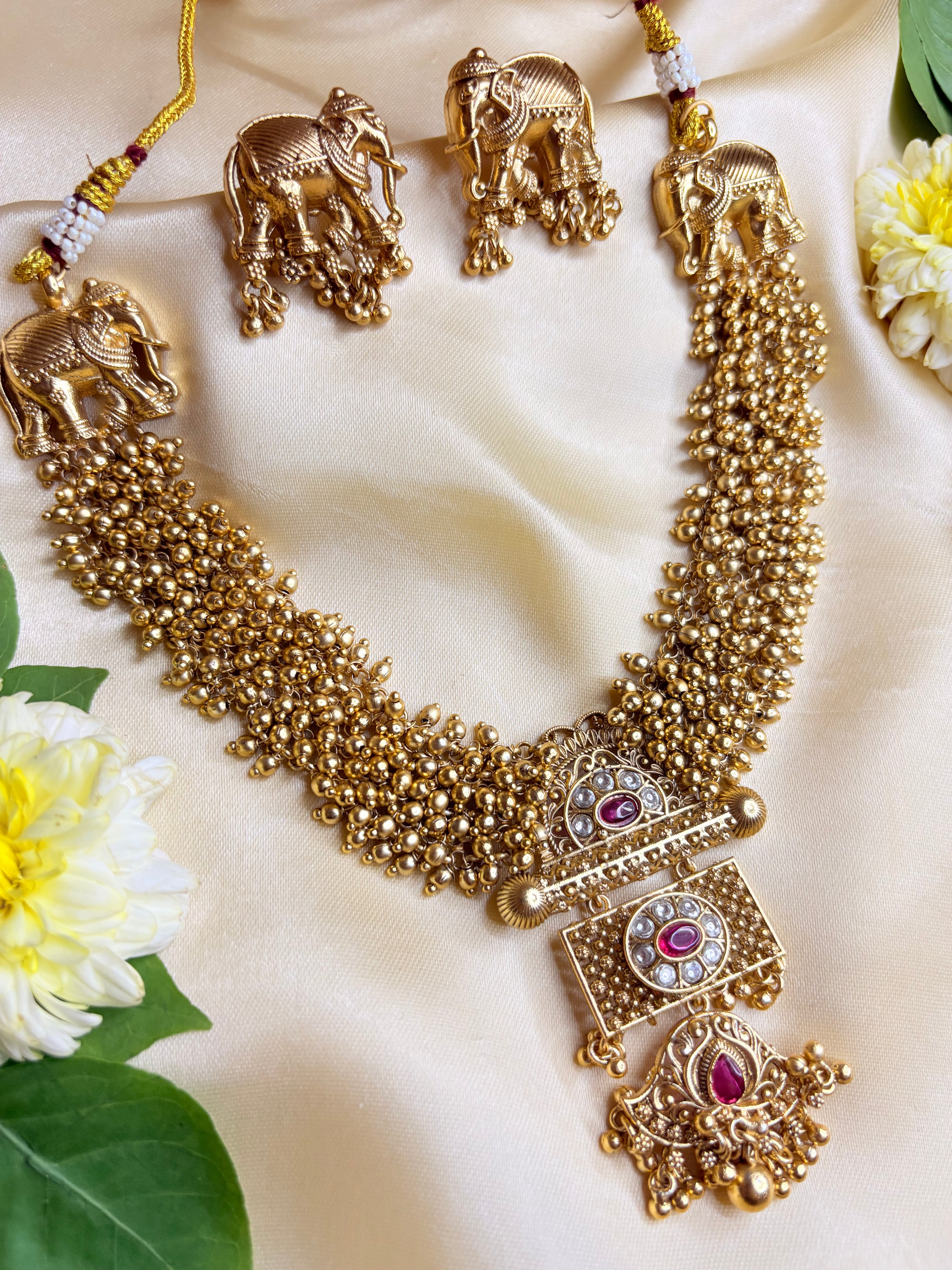 Gold and Ruby Beaded Elephant Pendant Necklace Set
