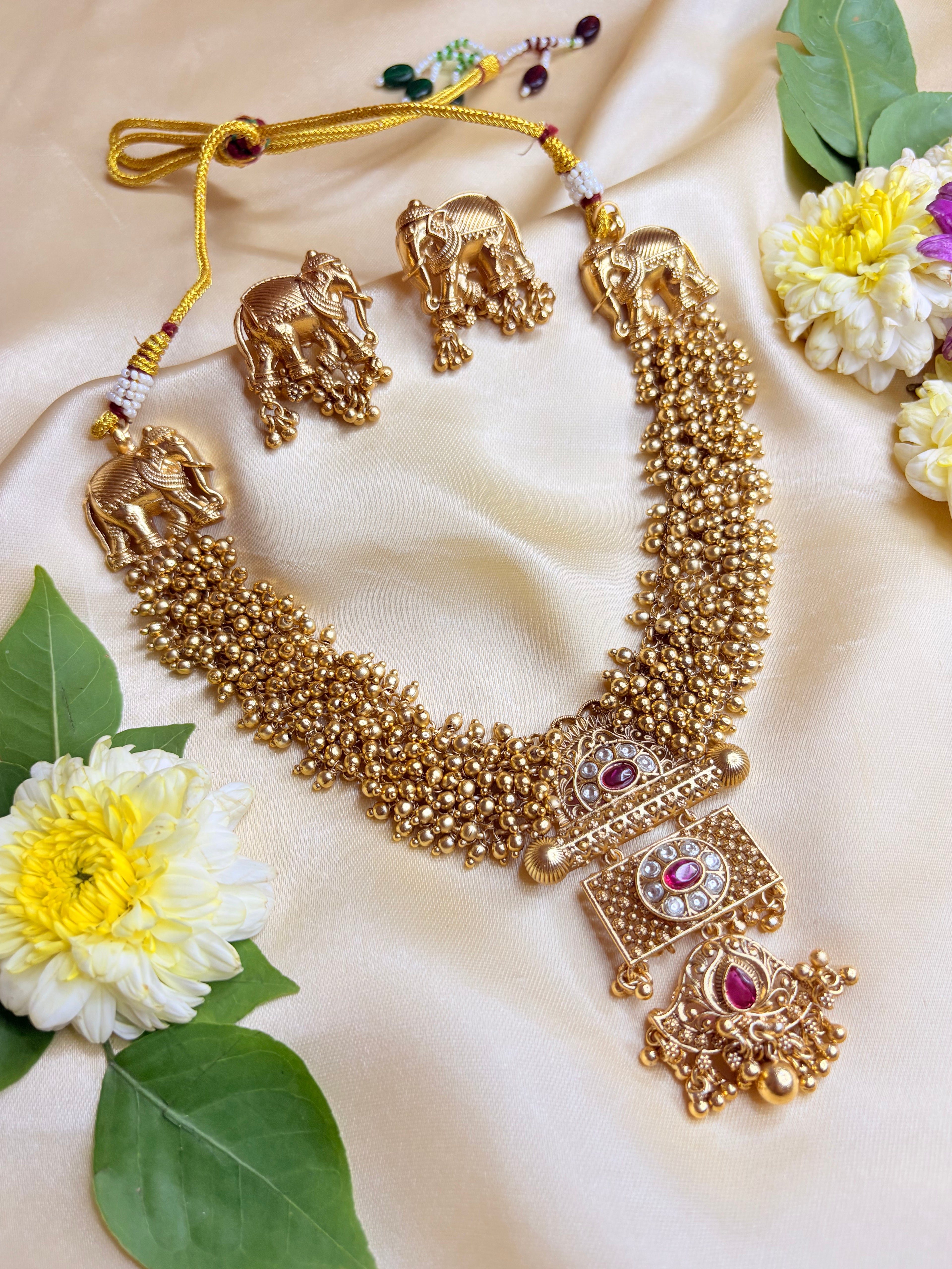 Gold and Ruby Beaded Elephant Pendant Necklace Set