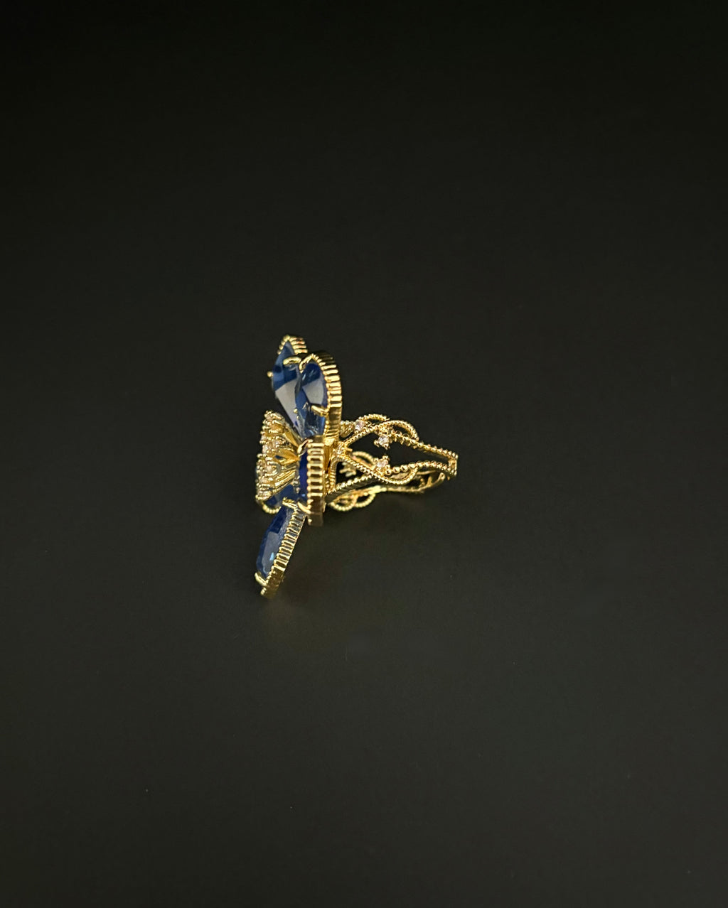 Midnight Bloom Blue Crystal Flower Ring
