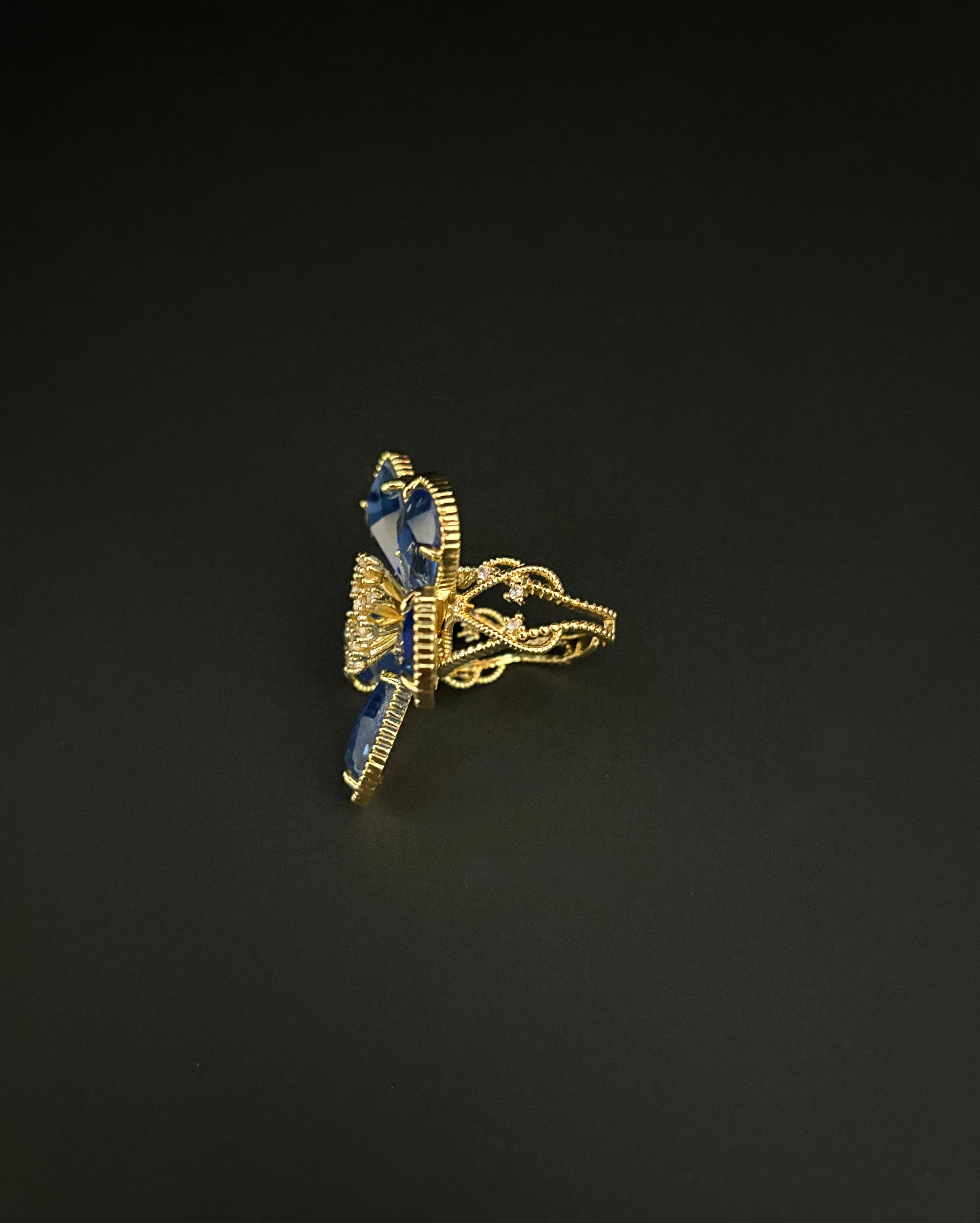 Midnight Bloom Blue Crystal Flower Ring