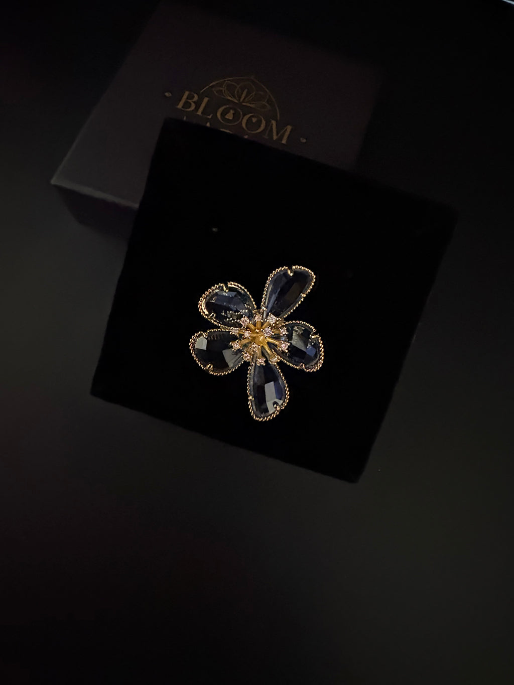 Midnight Bloom Blue Crystal Flower Ring