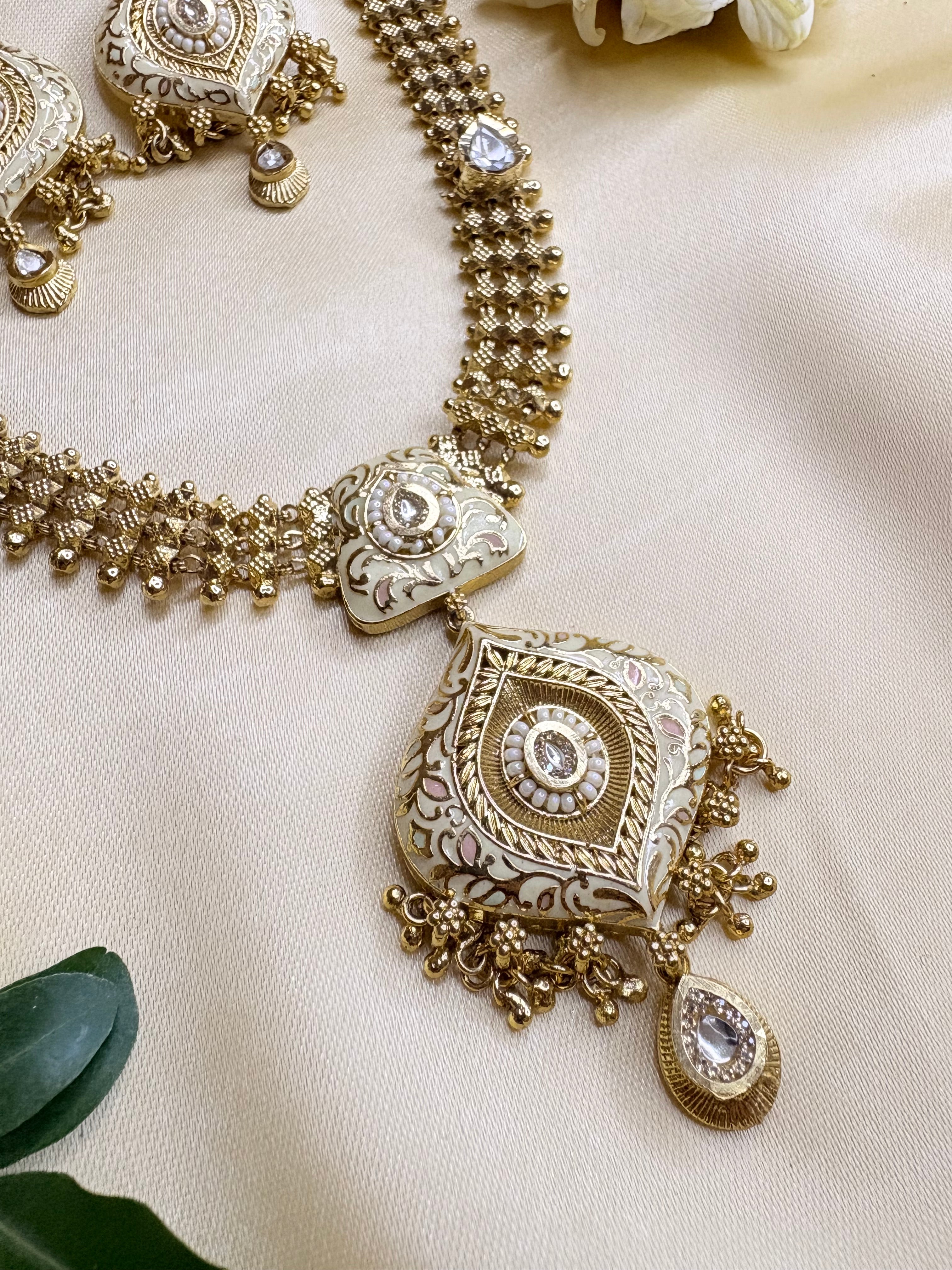 Handcrafted White Meenakari & Kundan Stone Jewelry Set