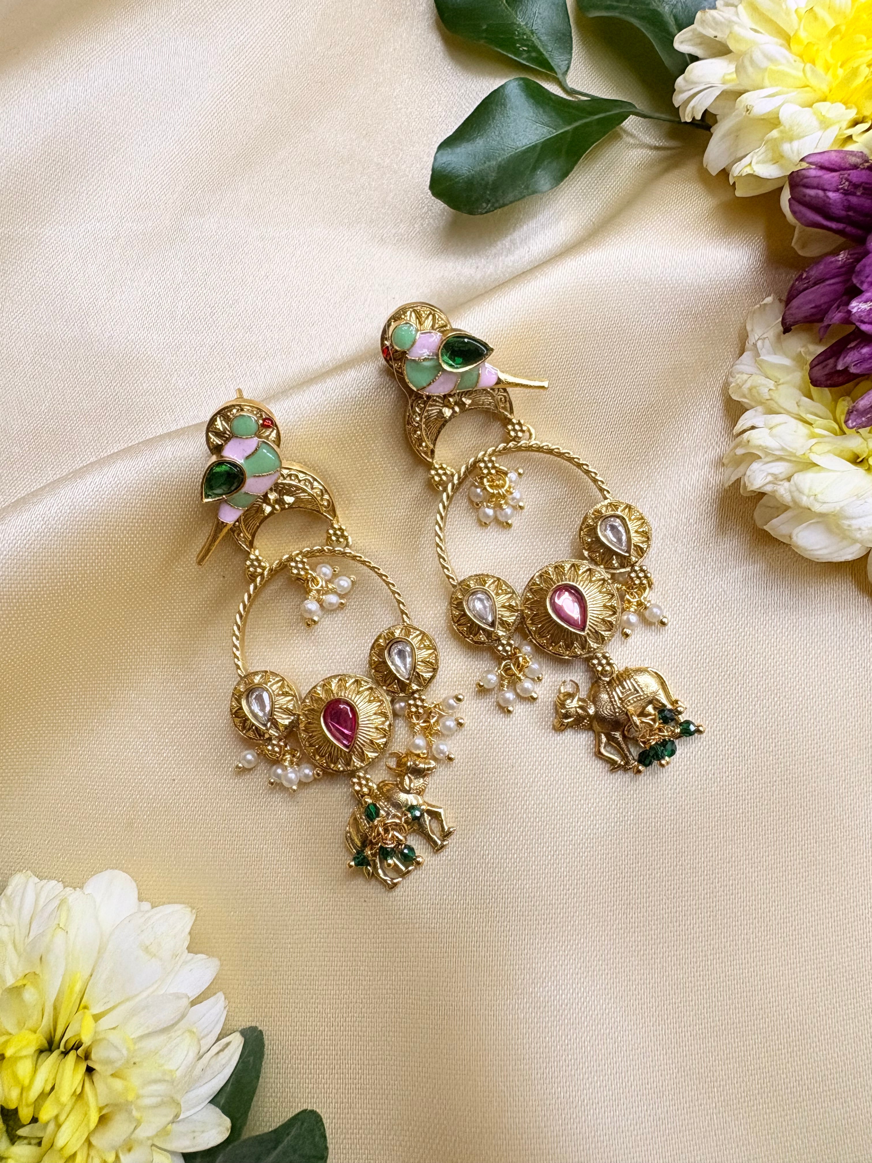 Gold Bird Motif Kundan Earrings