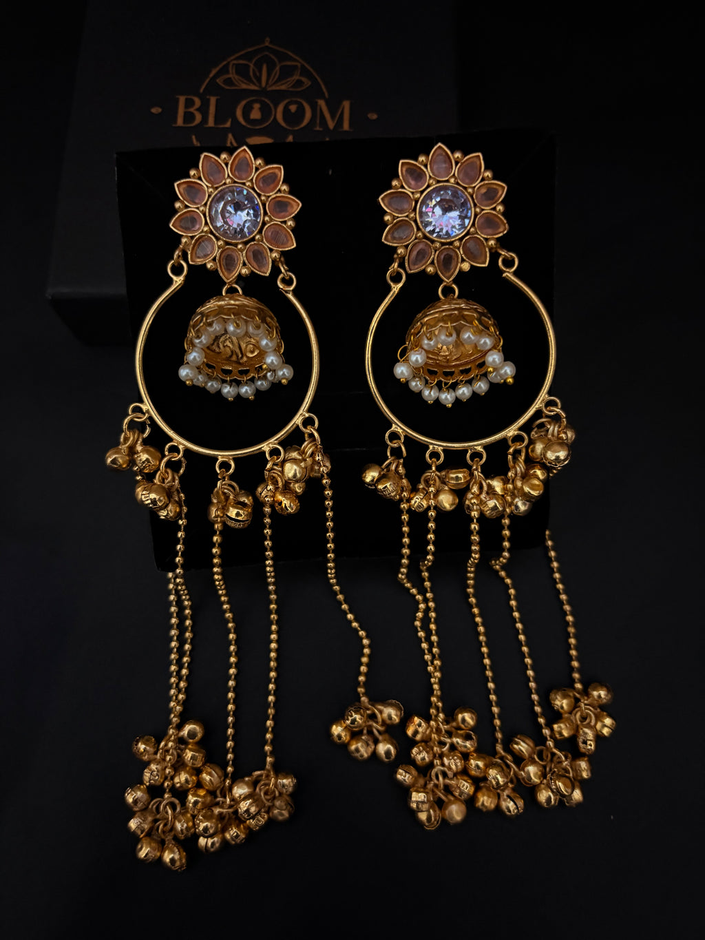 Gold-Plated Chandbali Jhumka Earrings with Sunburst Studs and Long Ghungroo Drops
