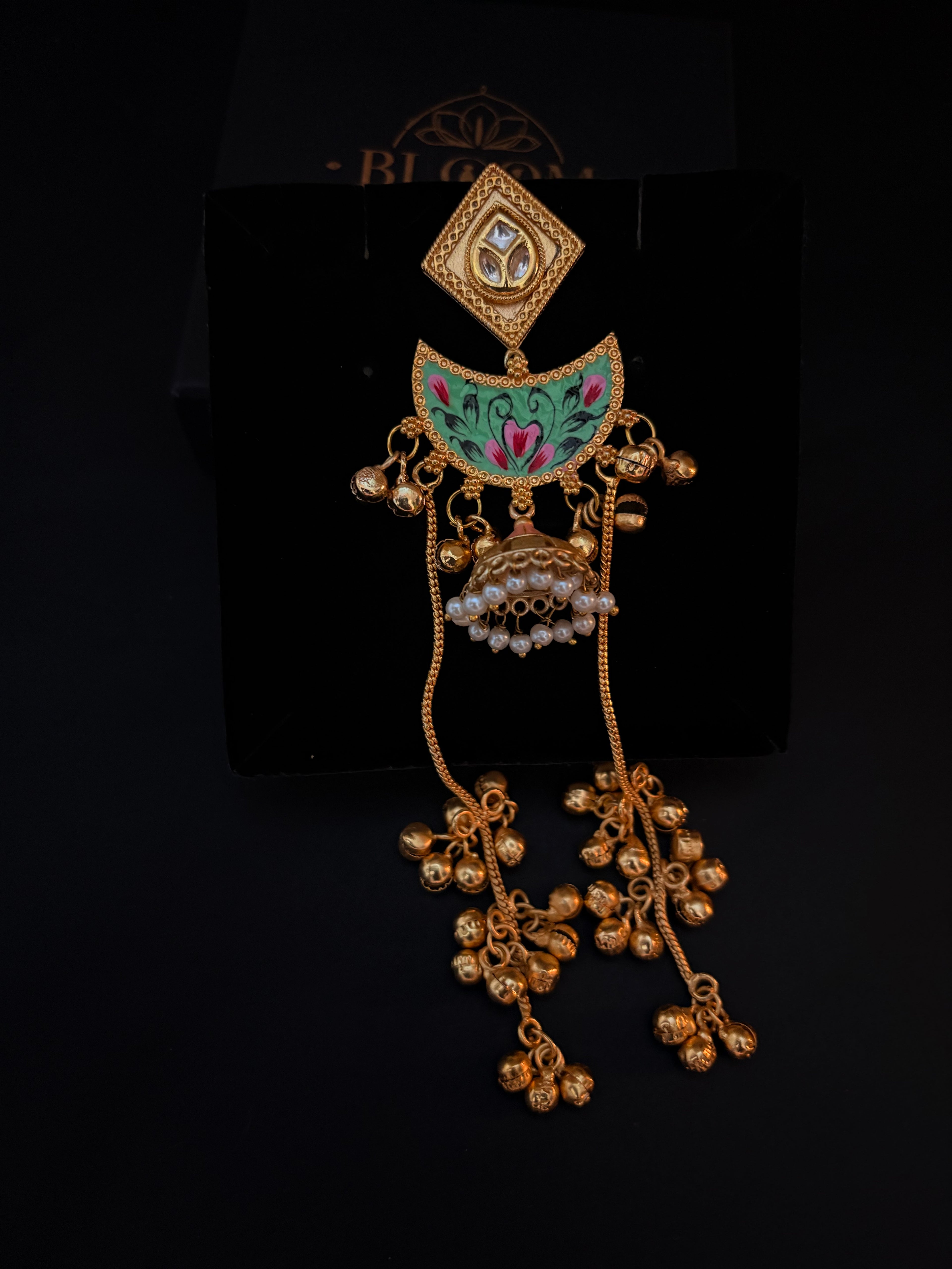 Ethnic Pink & Gold Jhumkas with Long Ghungroo Chain Tassels