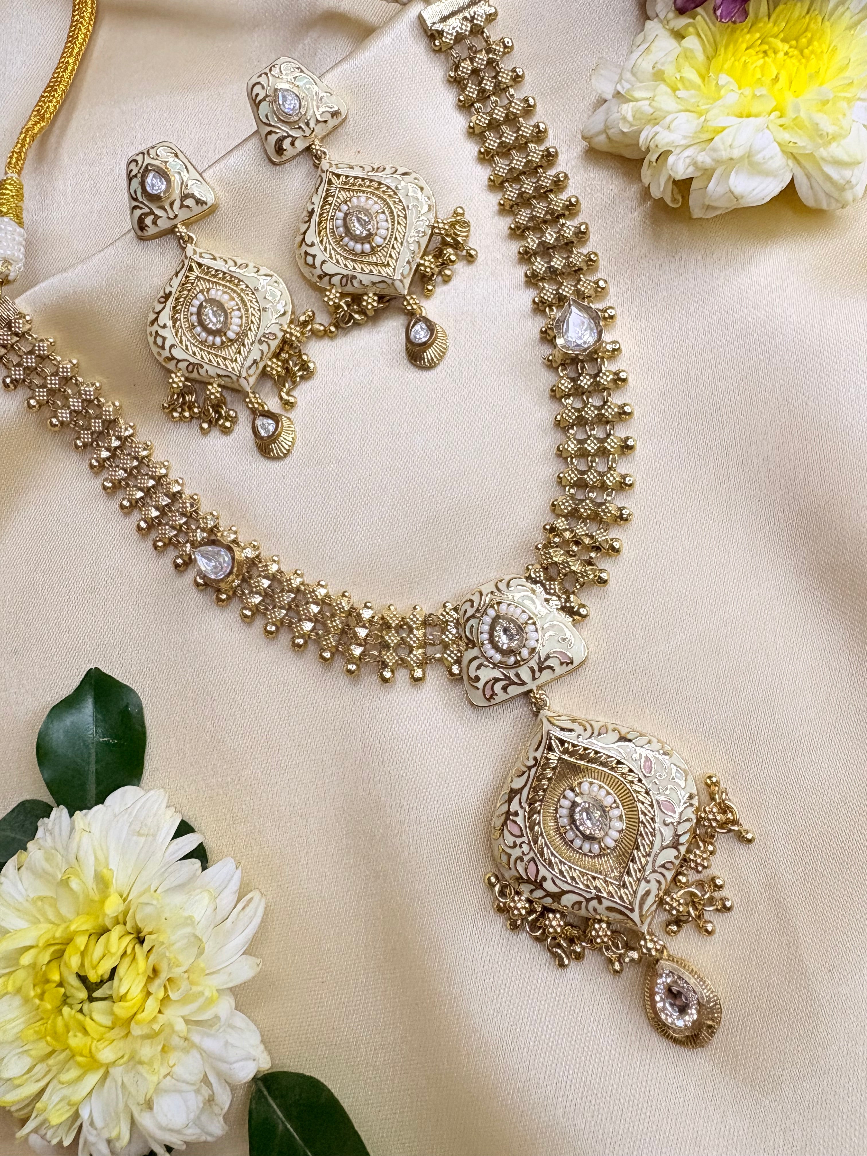 Handcrafted White Meenakari & Kundan Stone Jewelry Set