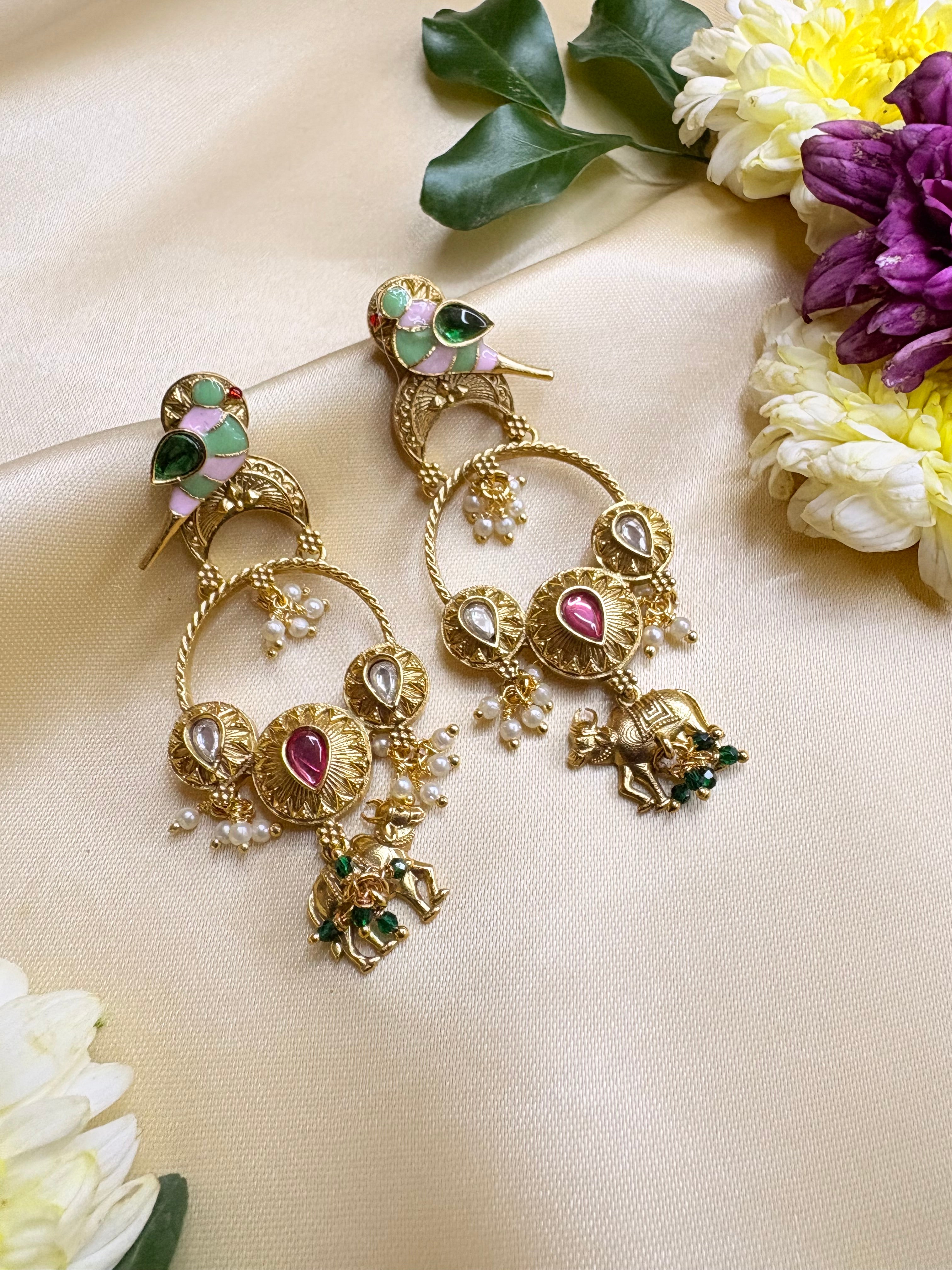 Gold Bird Motif Kundan Earrings