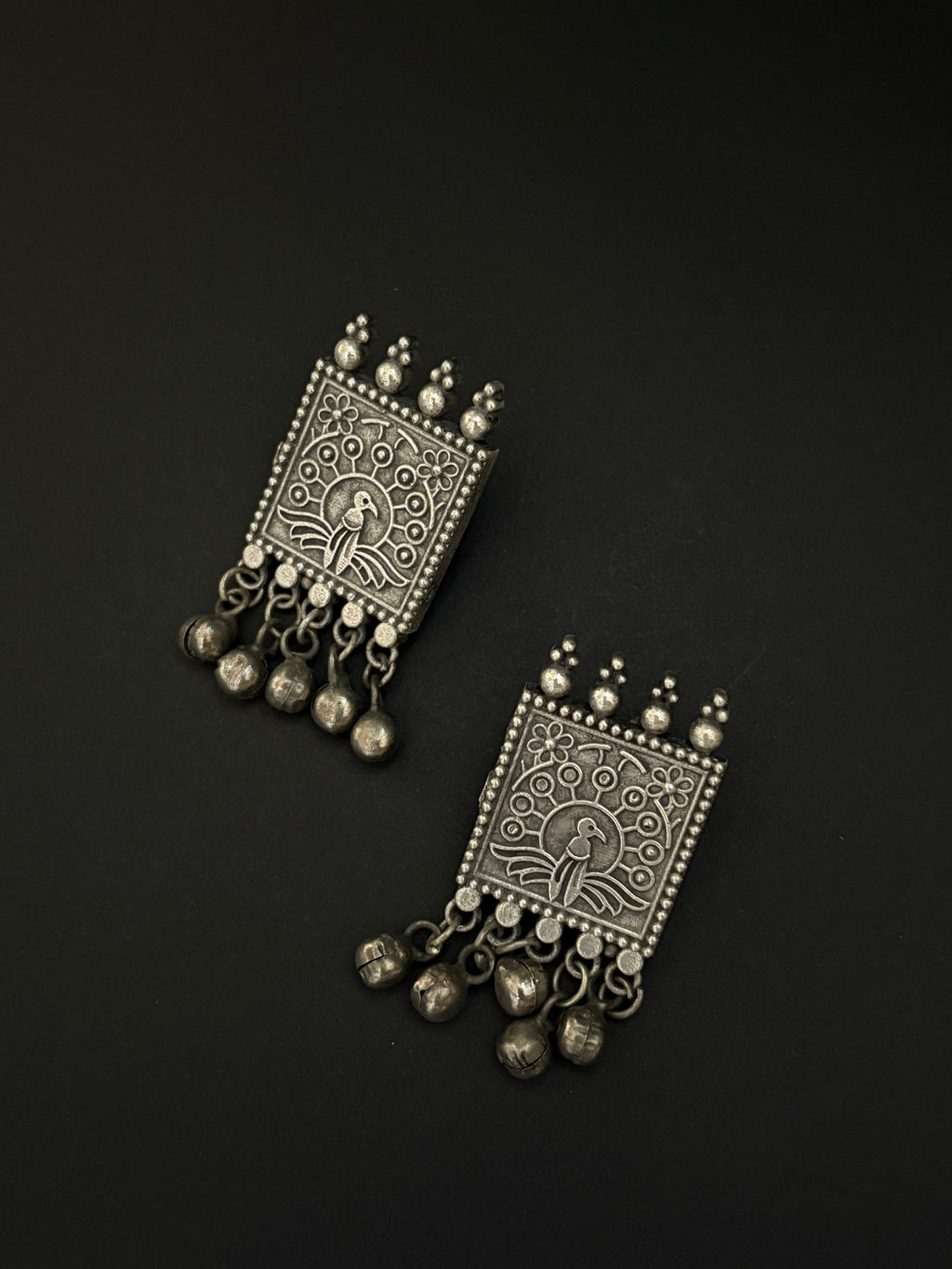 Square Ghungroo Earrings with Bird Carving