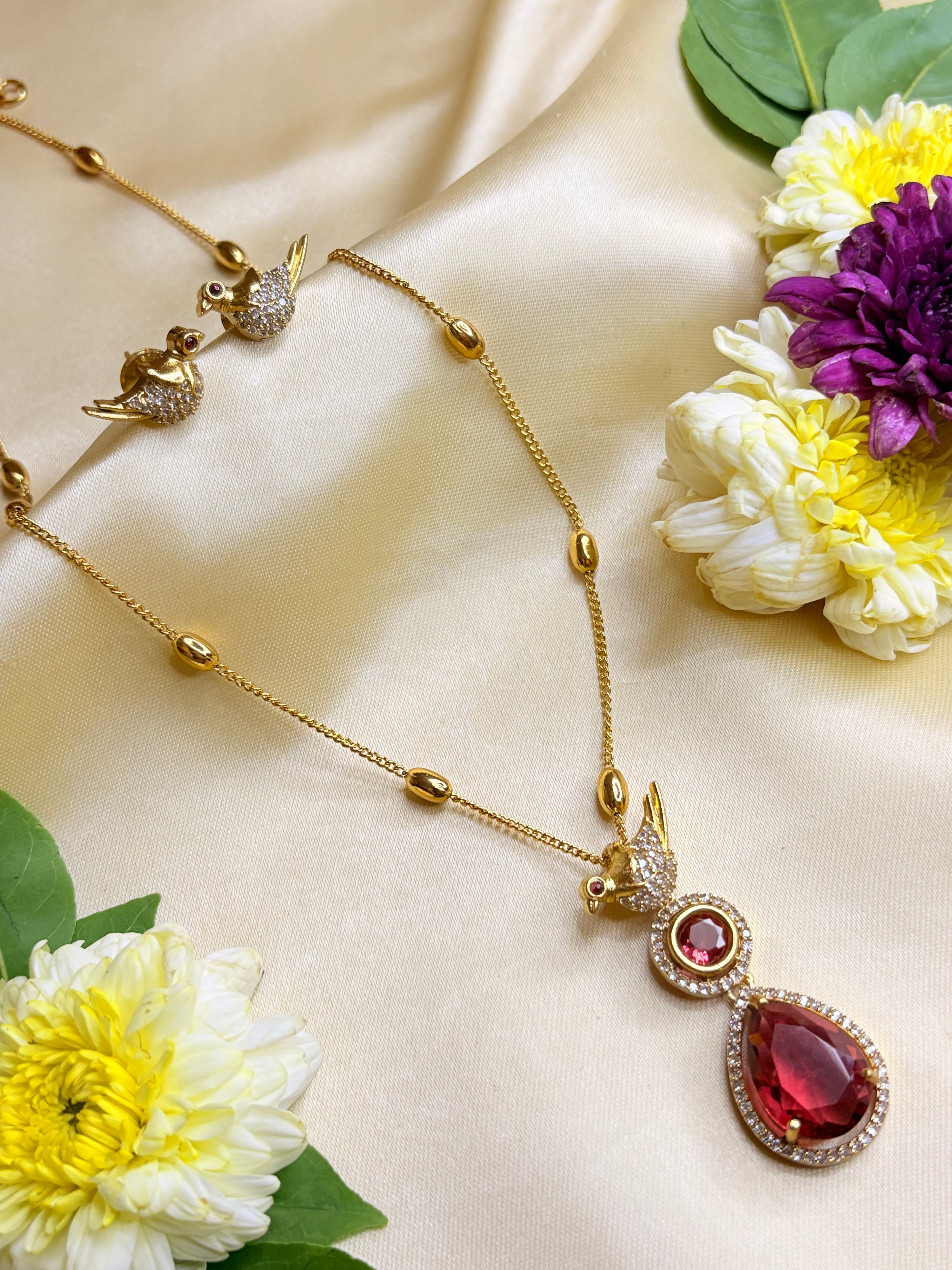 Long Chain Pendant Necklace with Bird Earrings