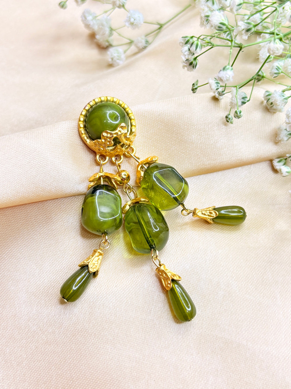 Vintage-Style Green and Gold Statement Earrings