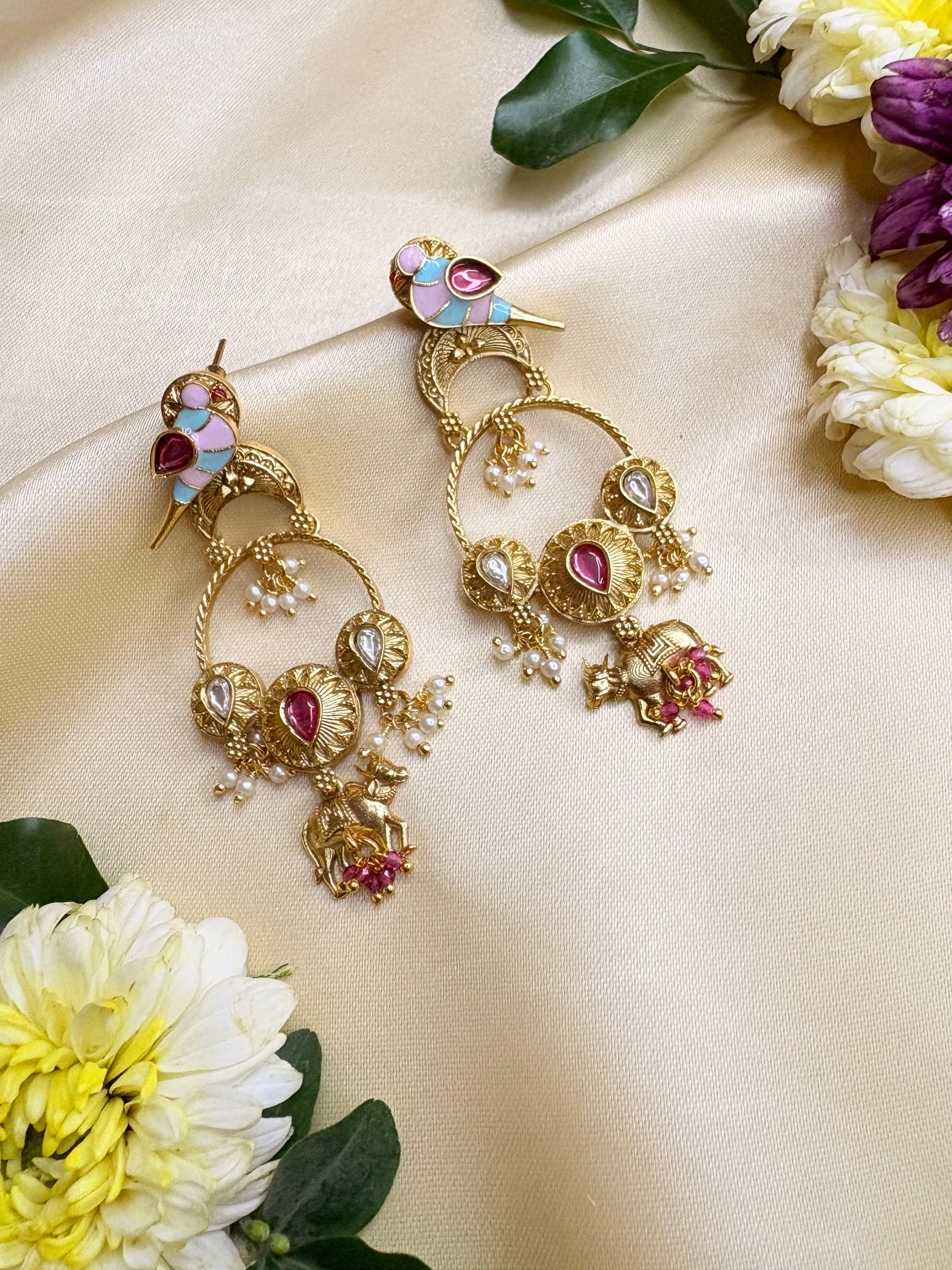 Gold Bird Motif Kundan Earrings