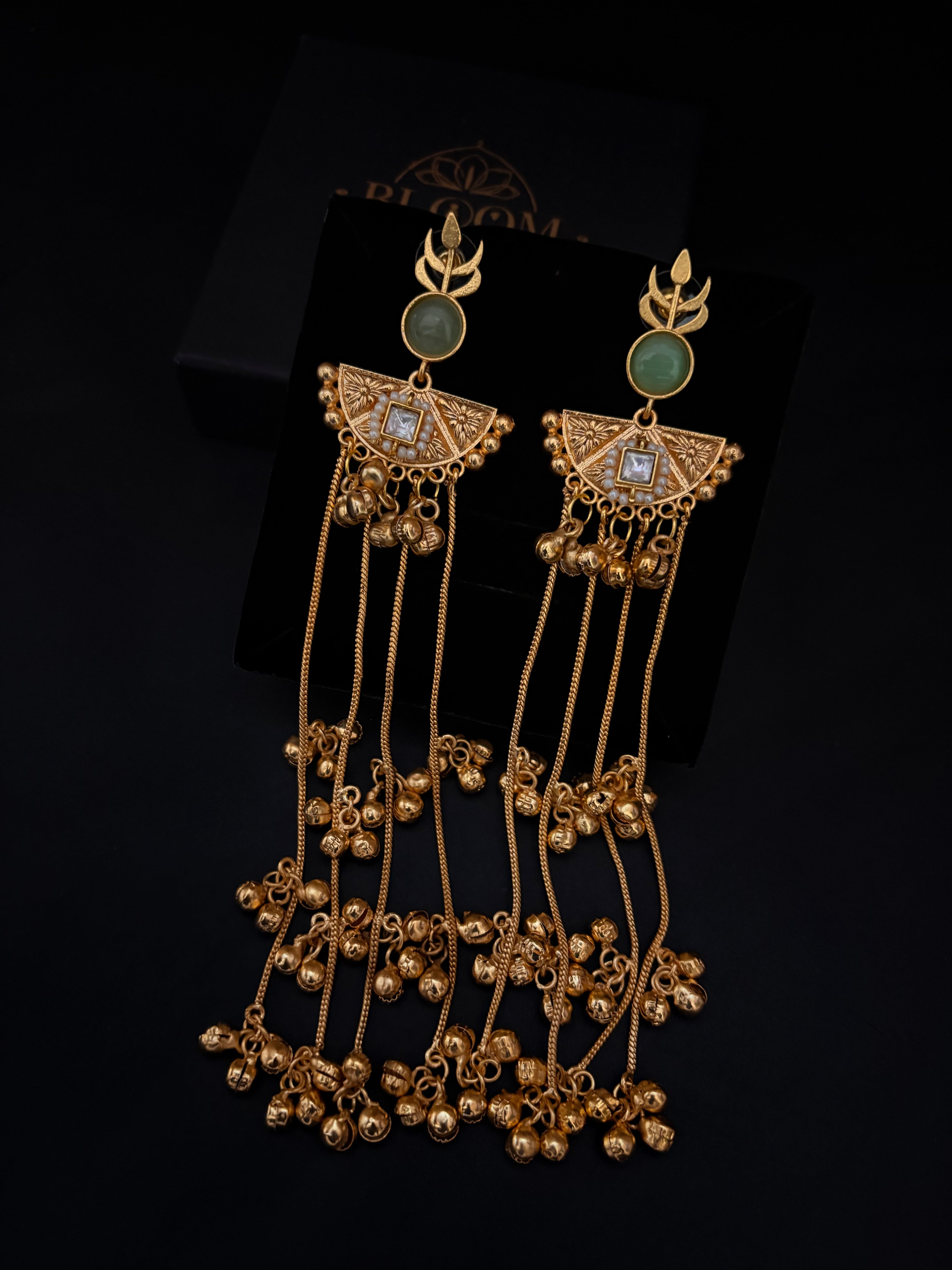 Handcrafted Sage Green & Gold Long Chain Tassel Earrings