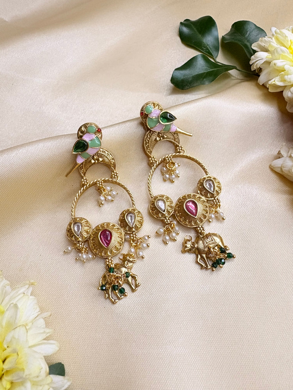 Gold Bird Motif Kundan Earrings