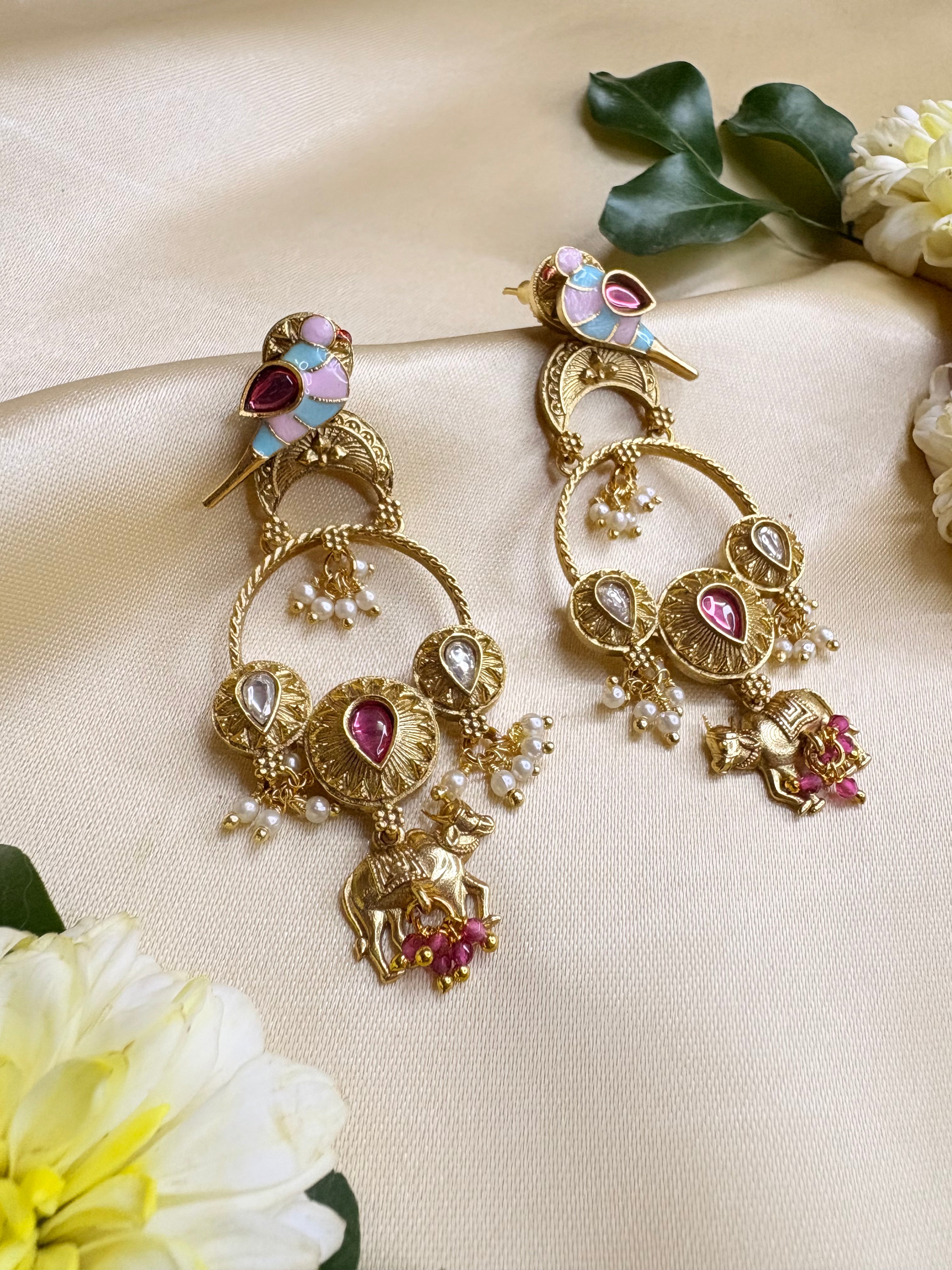 Gold Bird Motif Kundan Earrings