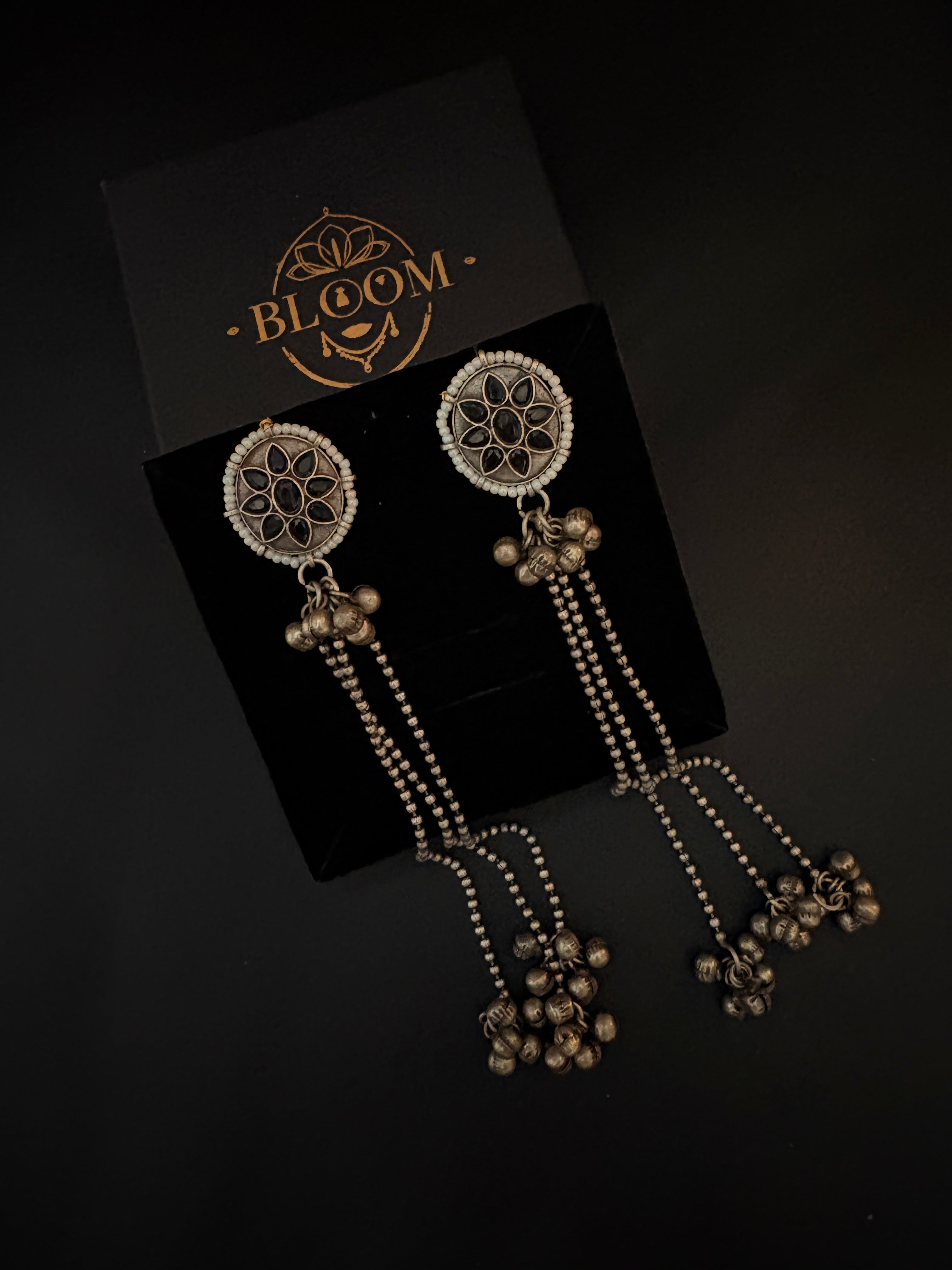 Oxidized Silver Floral Stud Earrings with Long Ghungroo