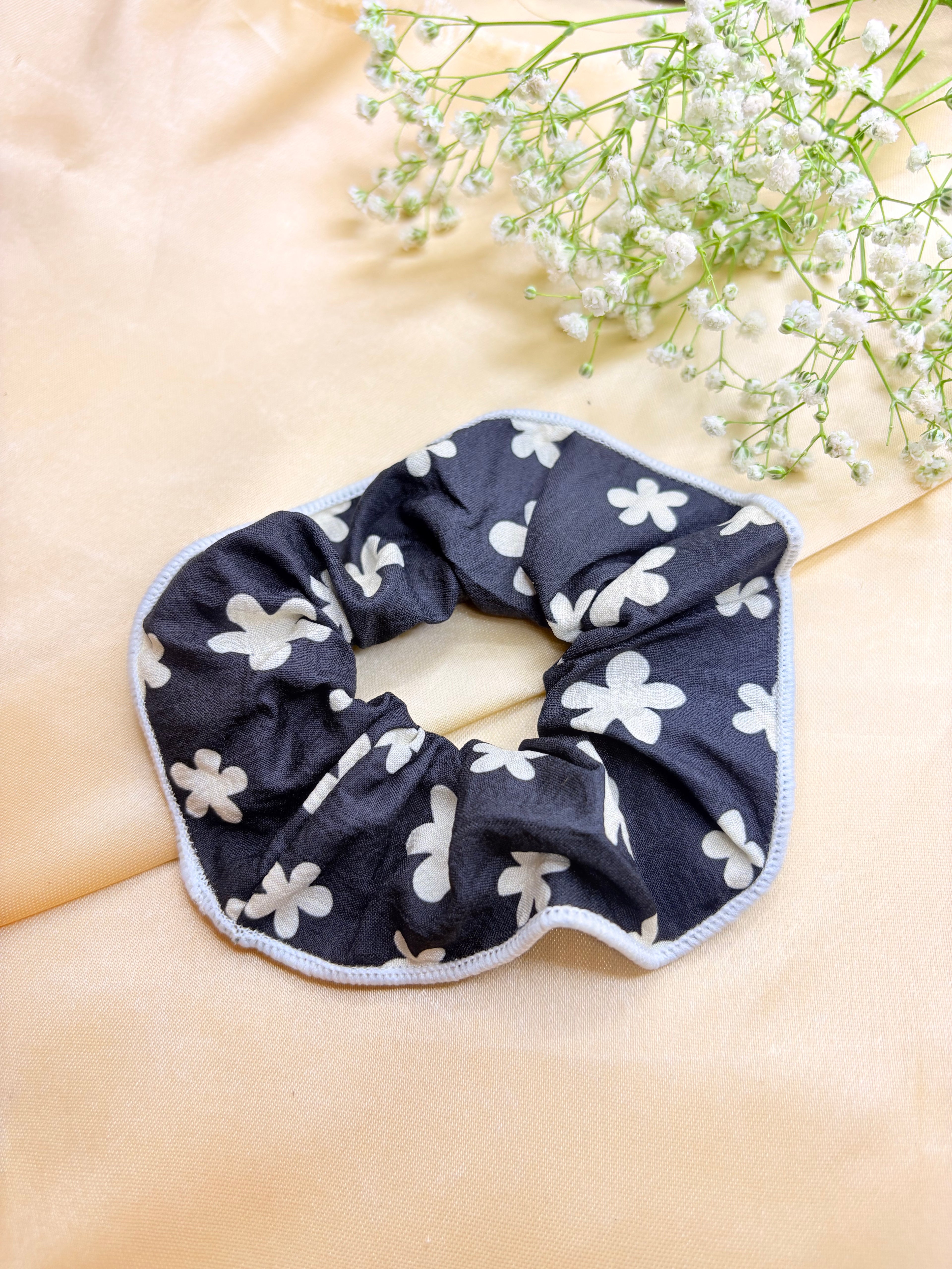 Black and White Floral Scrunchie