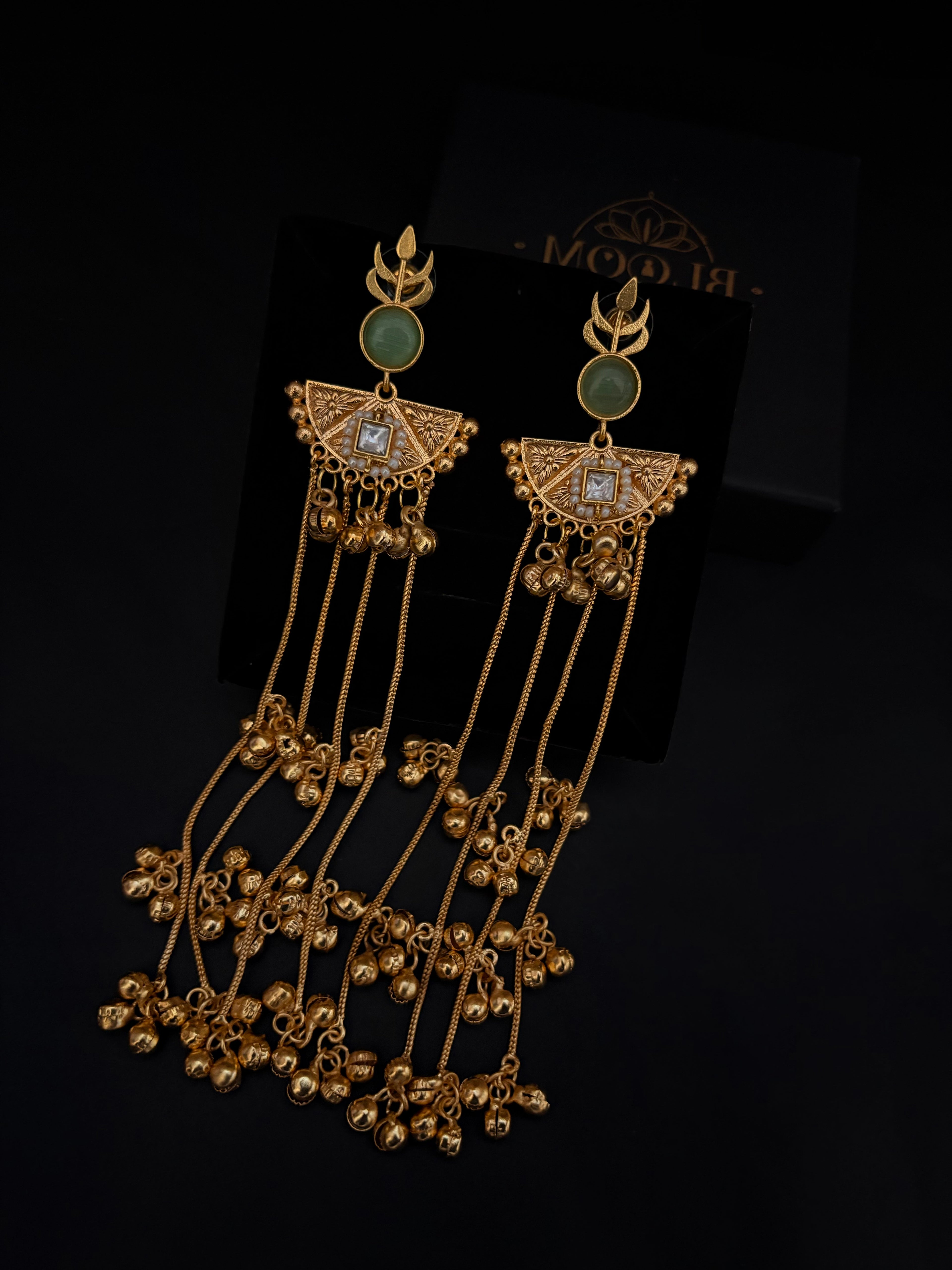 Handcrafted Sage Green & Gold Long Chain Tassel Earrings