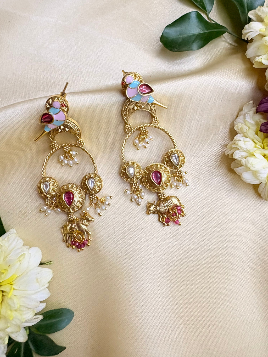 Gold Bird Motif Kundan Earrings