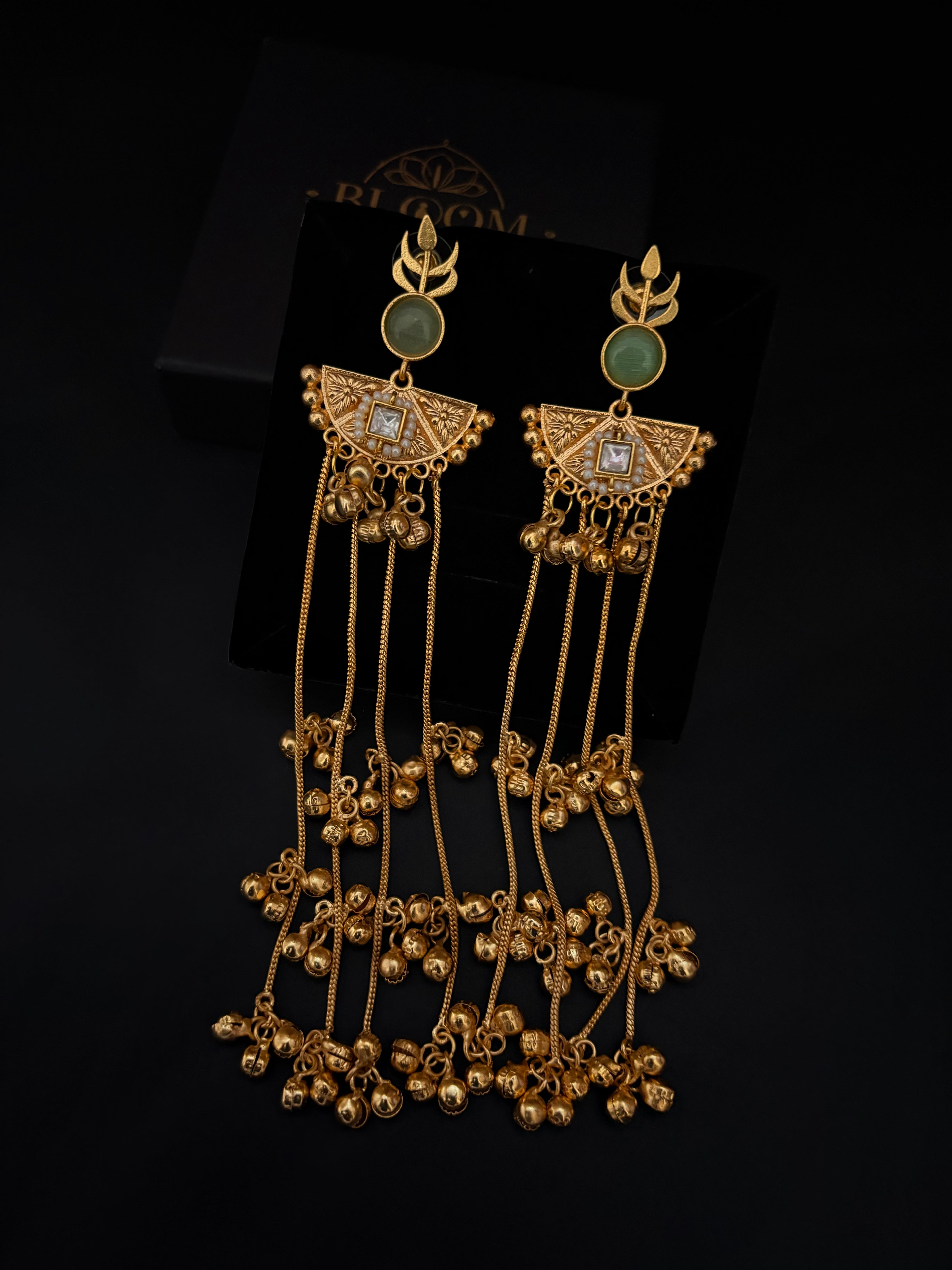 Handcrafted Sage Green & Gold Long Chain Tassel Earrings