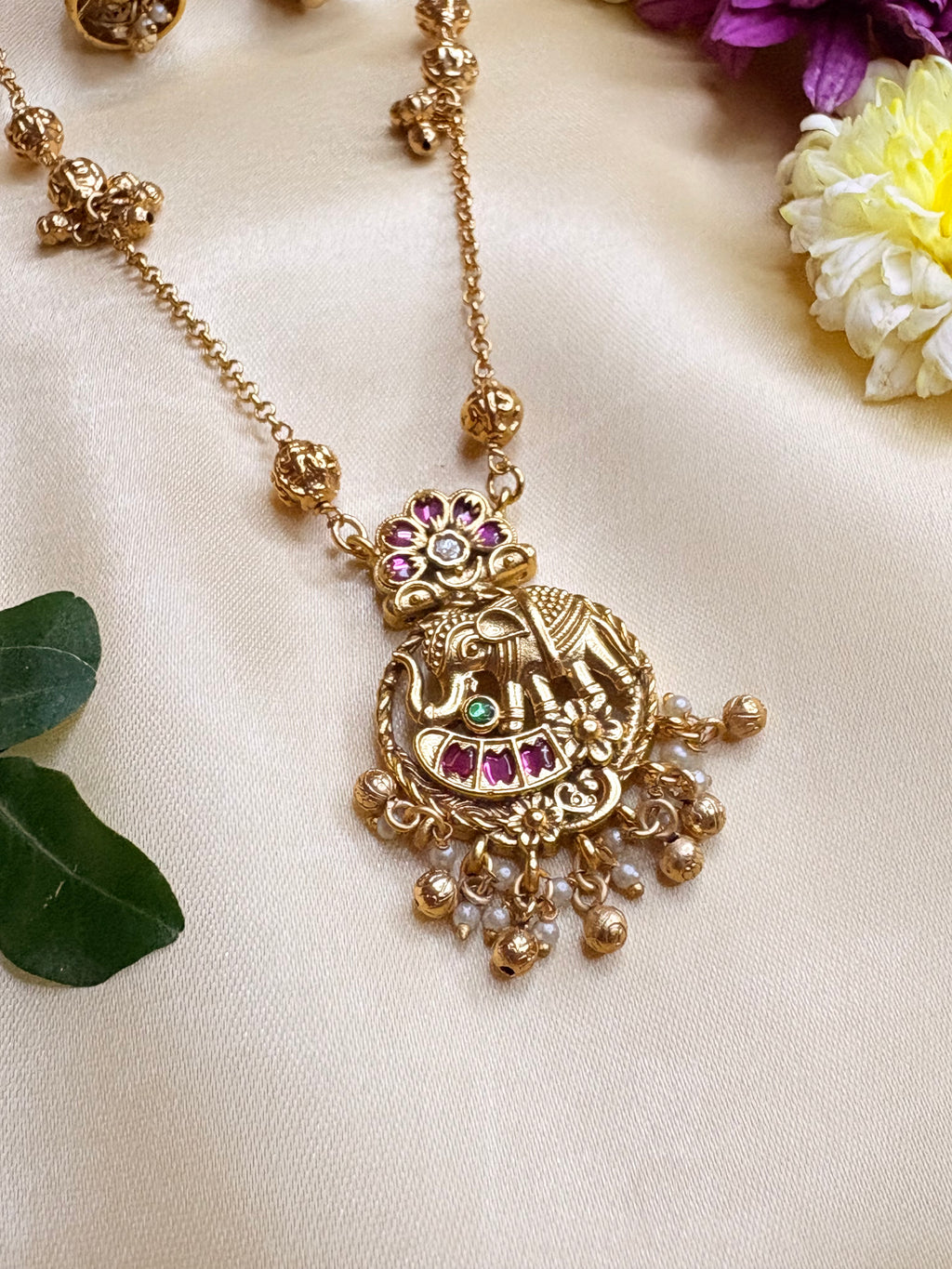 Gold Plated Elephant Motif Necklace Set with Jhumka Earrings