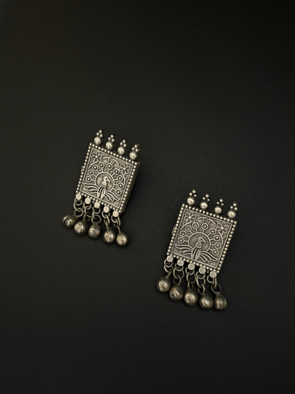 Square Ghungroo Earrings with Bird Carving