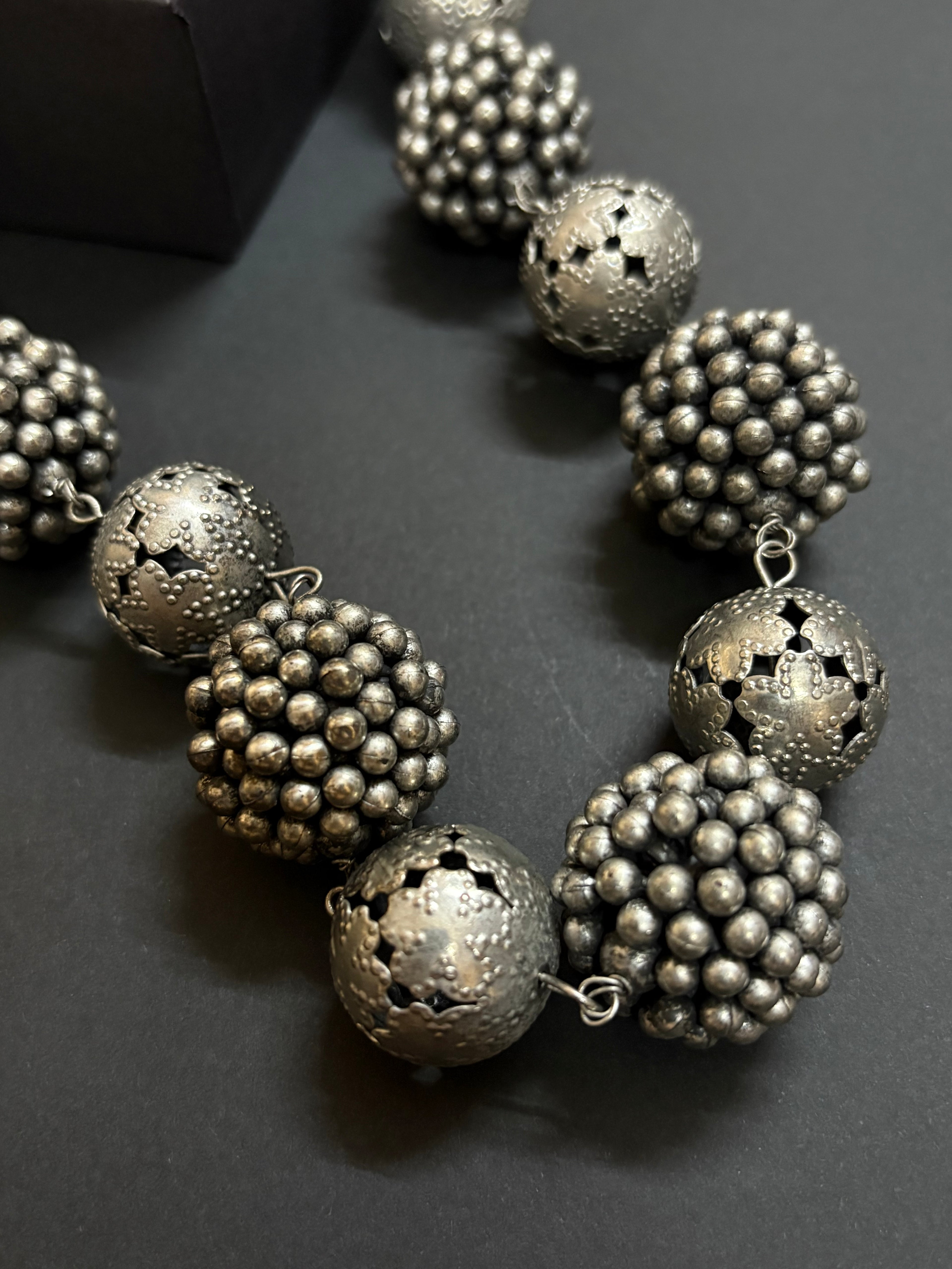 Vintage Style Metallic Ball Necklace with Filigree Detailing