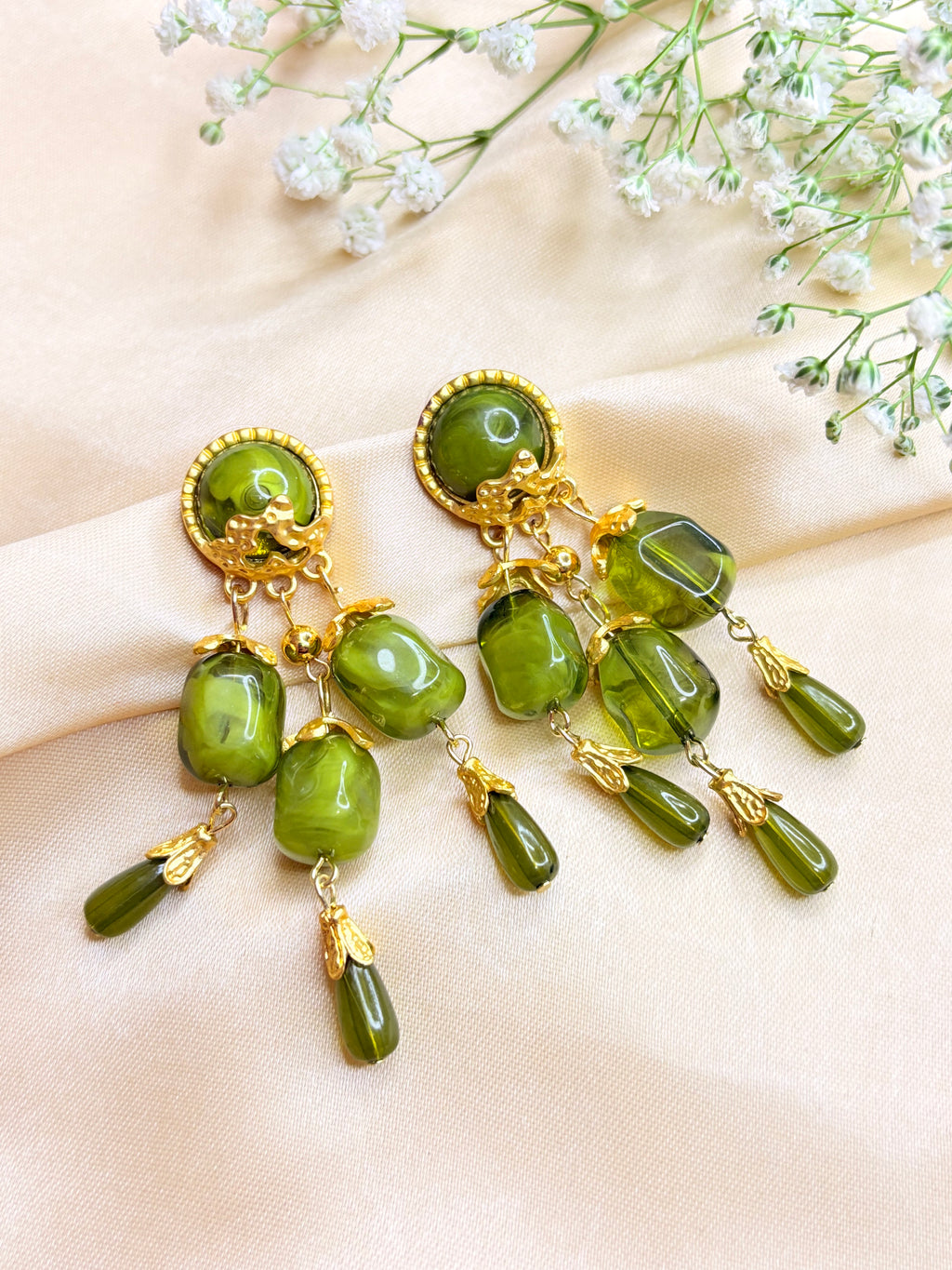 Vintage-Style Green and Gold Statement Earrings