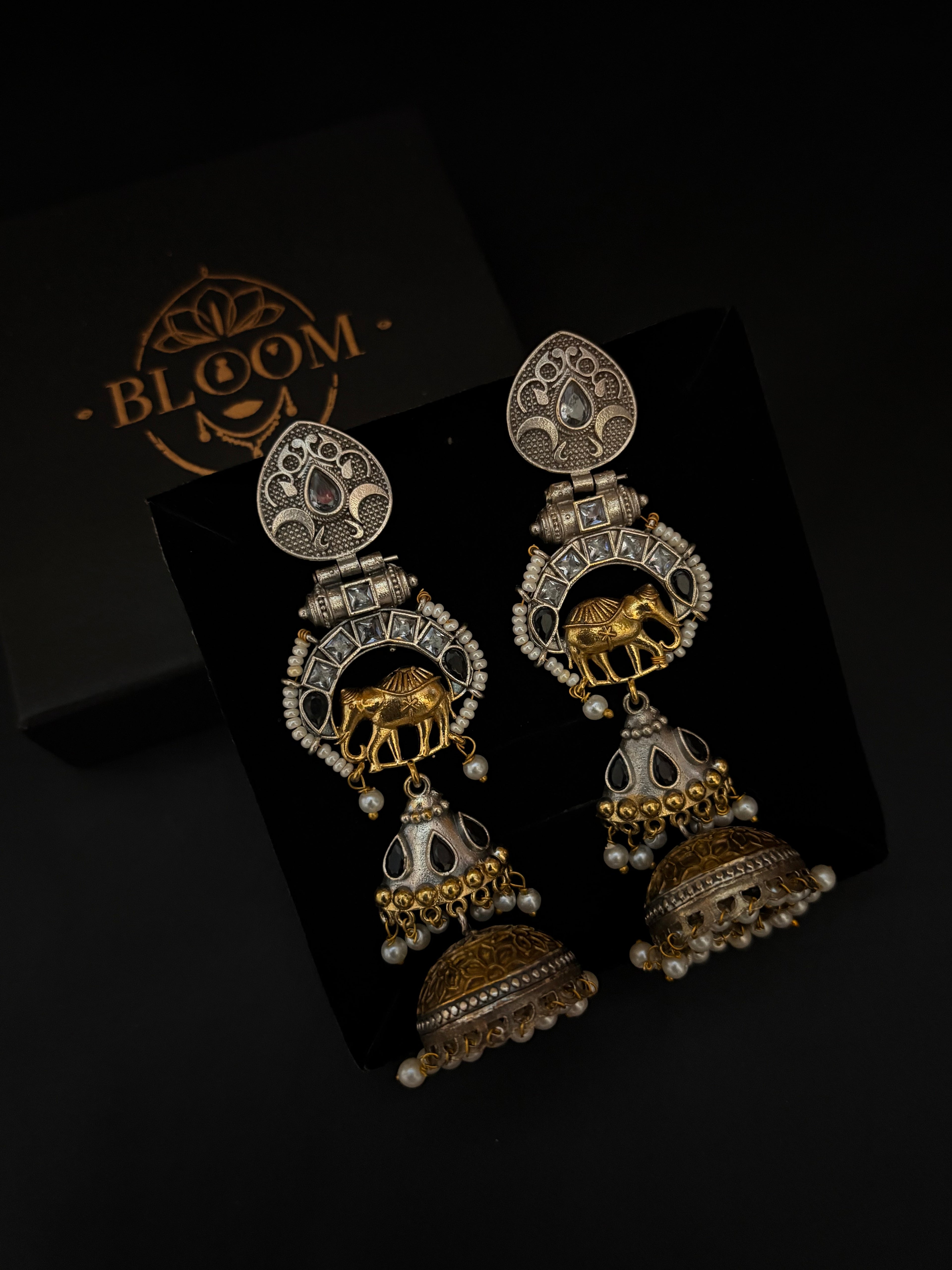 Dual-Tone Oxidized Silver Jhumkas with Gold Plated Elephant Motif