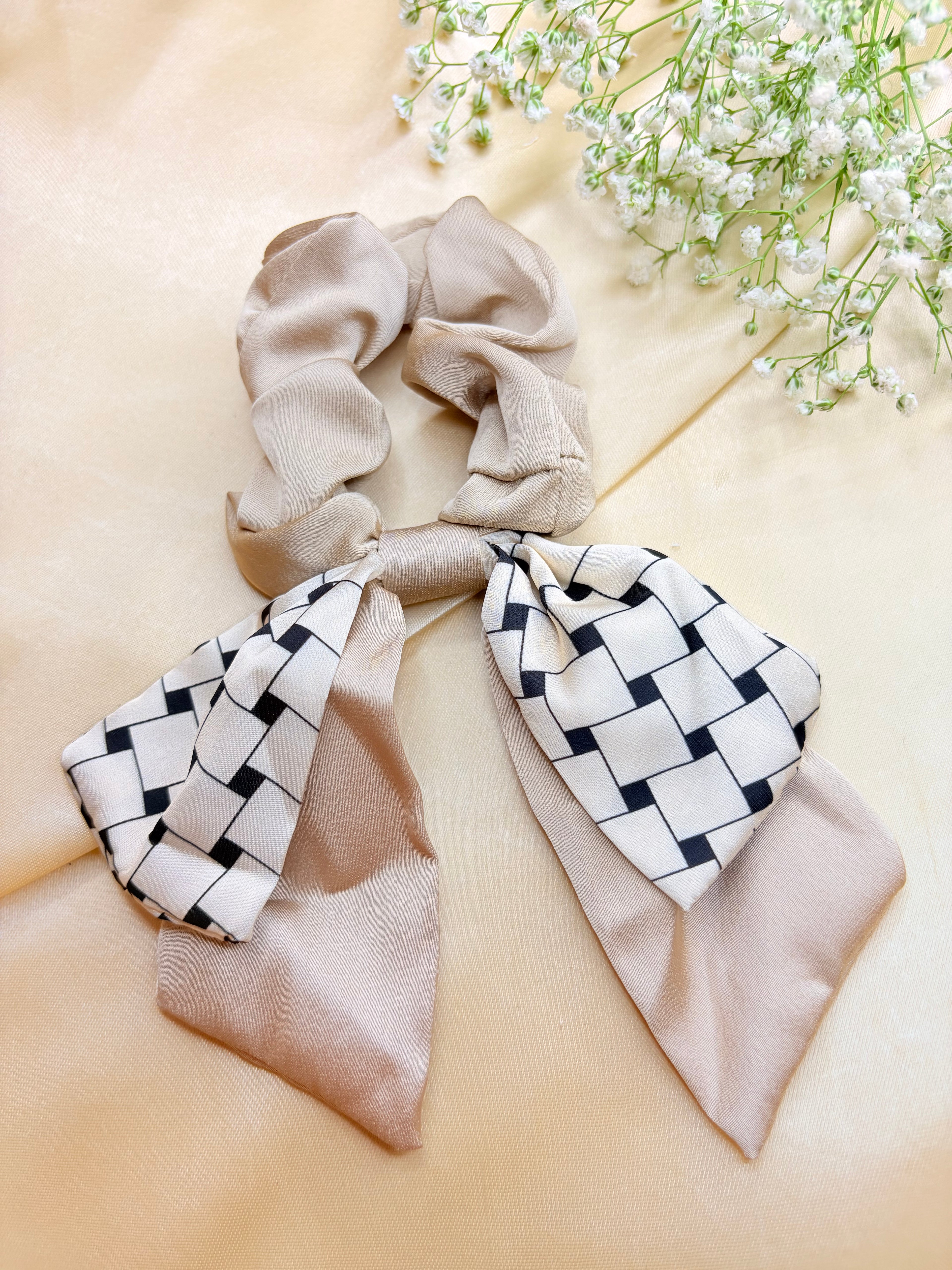 Satin Beige and Black Bow Scrunchie