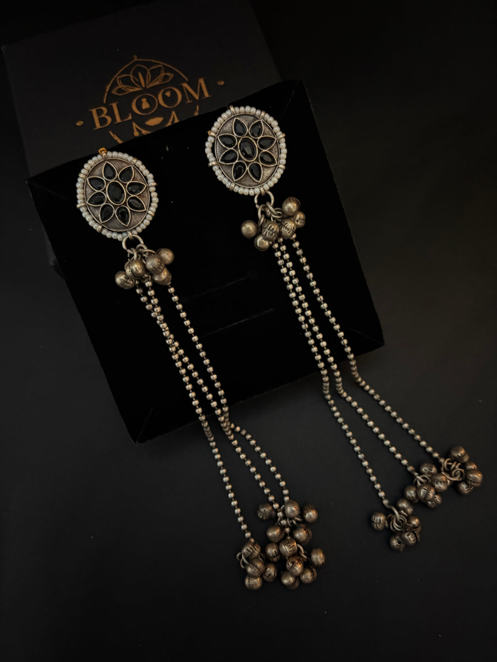 Oxidized Silver Floral Stud Earrings with Long Ghungroo