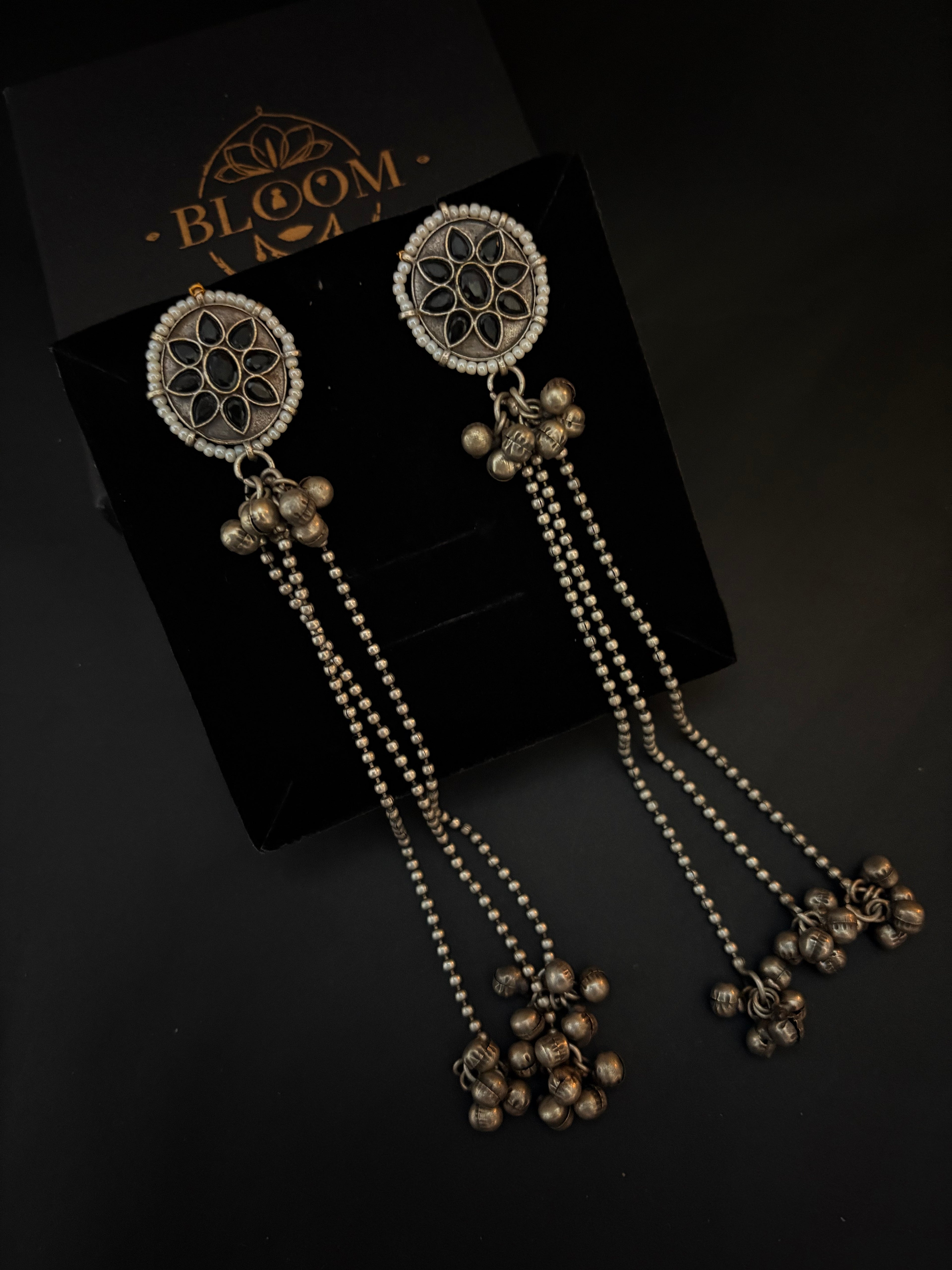 Oxidized Silver Floral Stud Earrings with Long Ghungroo