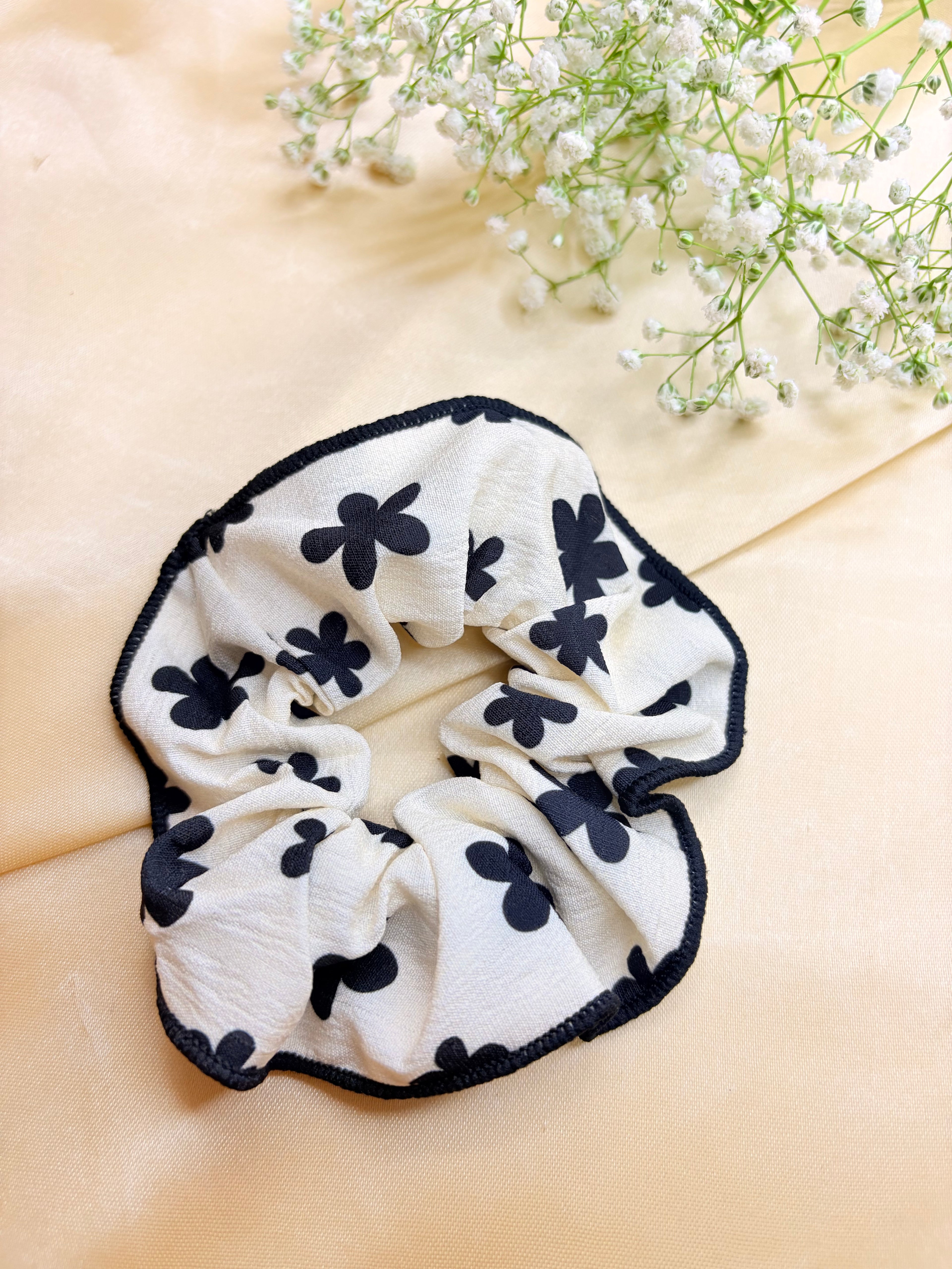 Black and White Floral Scrunchie