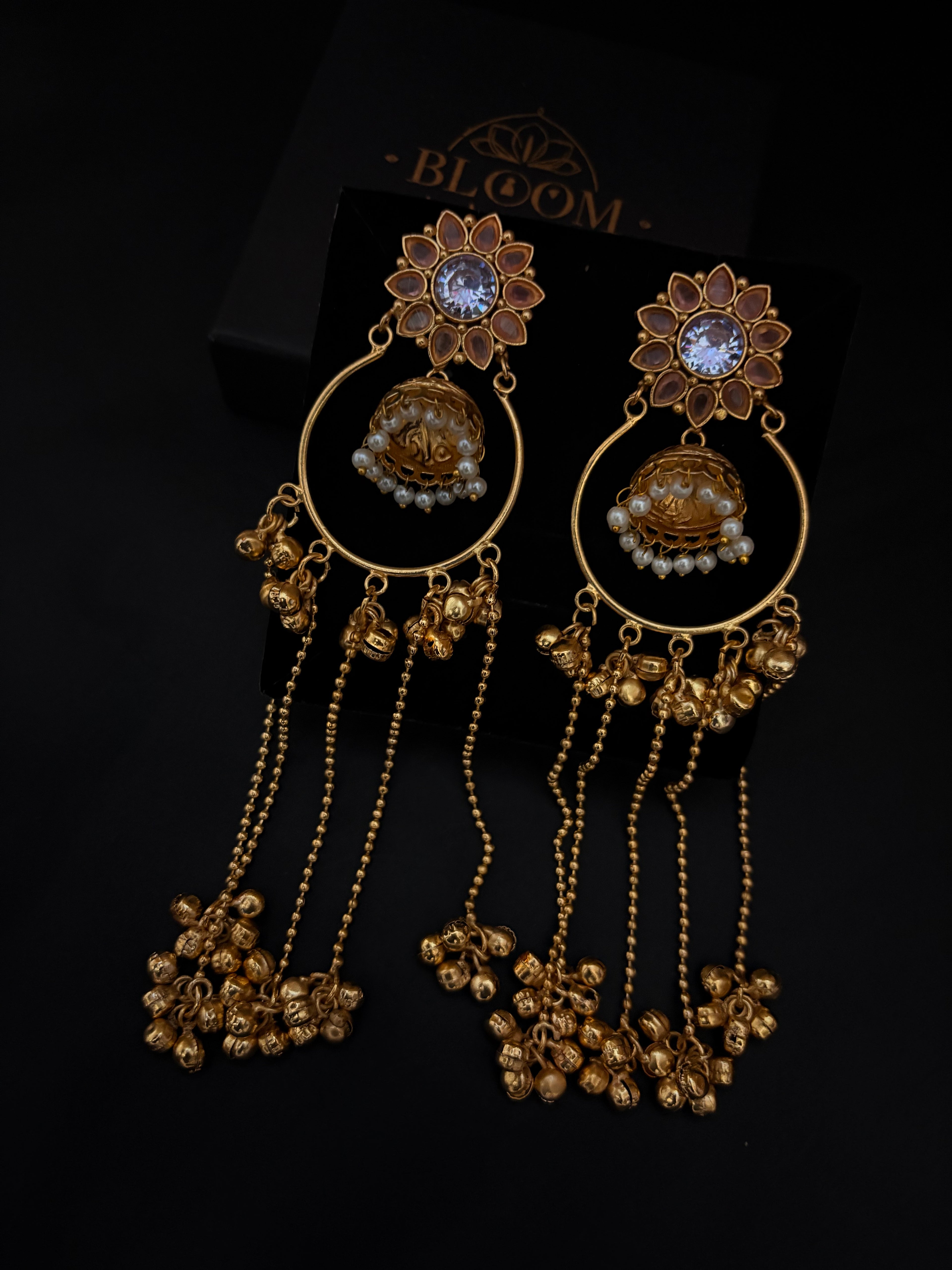Gold-Plated Chandbali Jhumka Earrings with Sunburst Studs and Long Ghungroo Drops