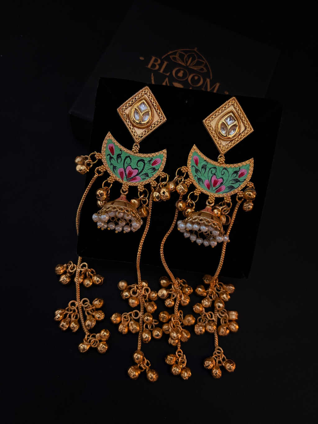 Ethnic Pink & Gold Jhumkas with Long Ghungroo Chain Tassels