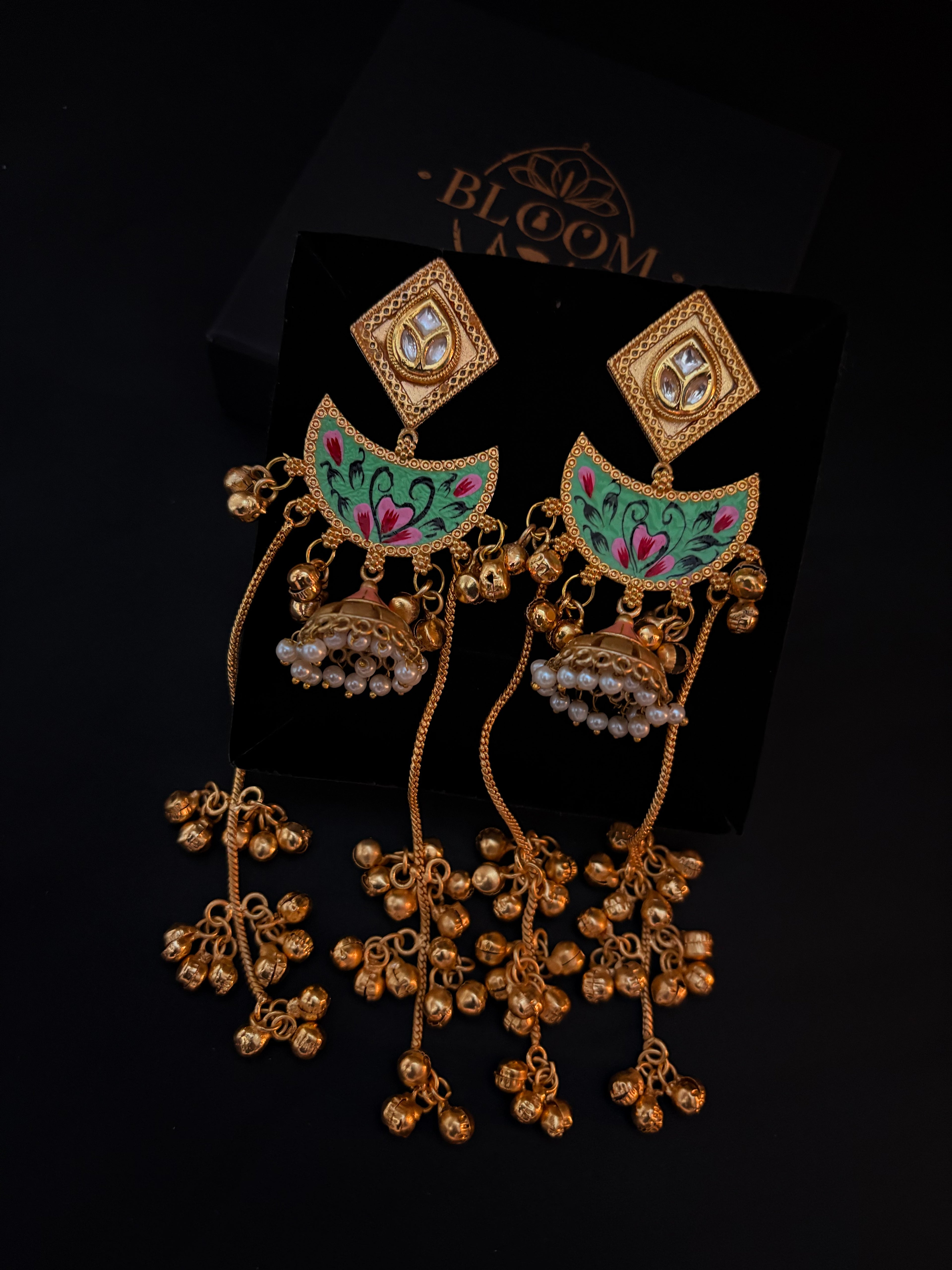 Ethnic Pink & Gold Jhumkas with Long Ghungroo Chain Tassels