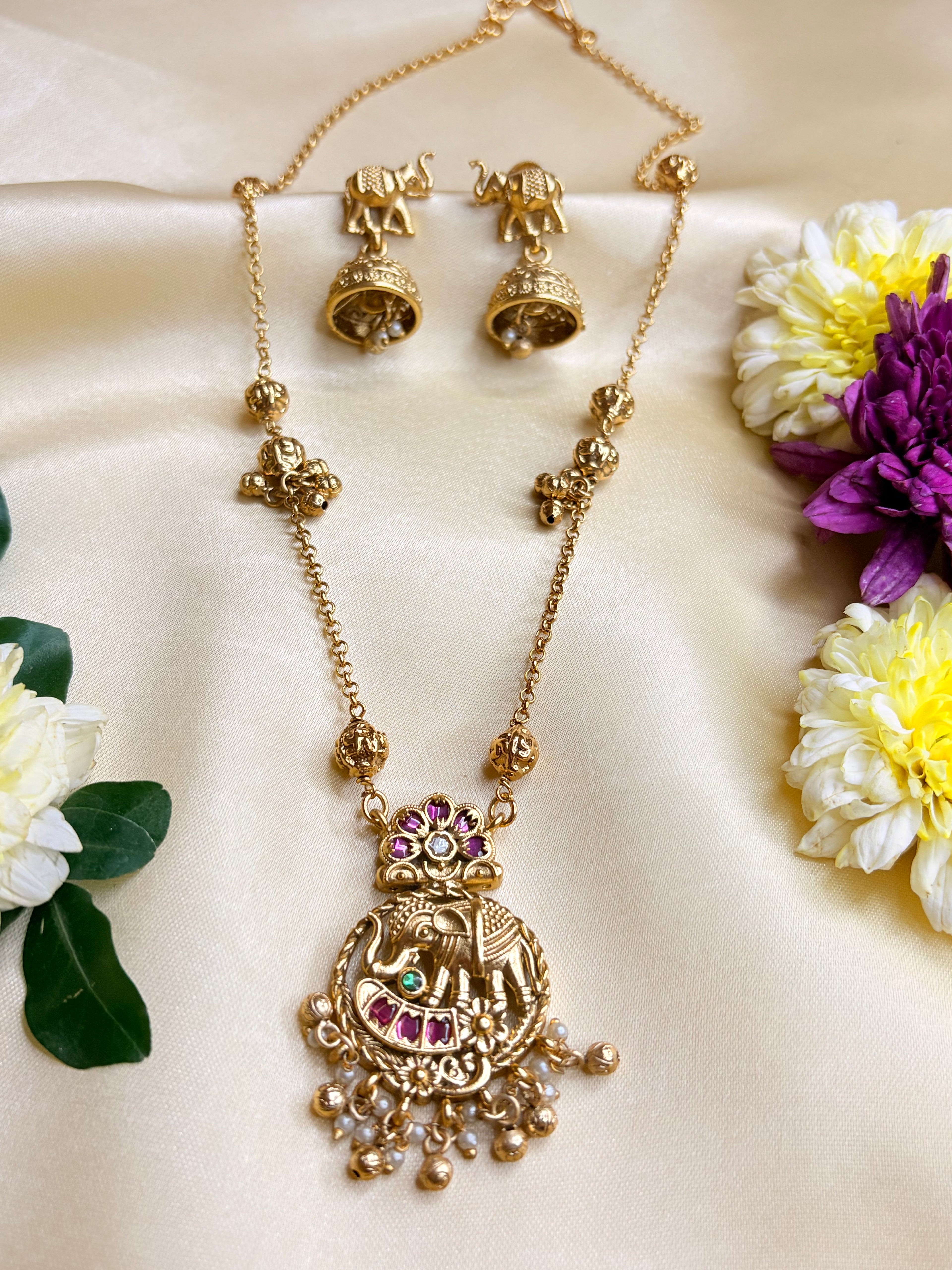 Gold Plated Elephant Motif Necklace Set with Jhumka Earrings