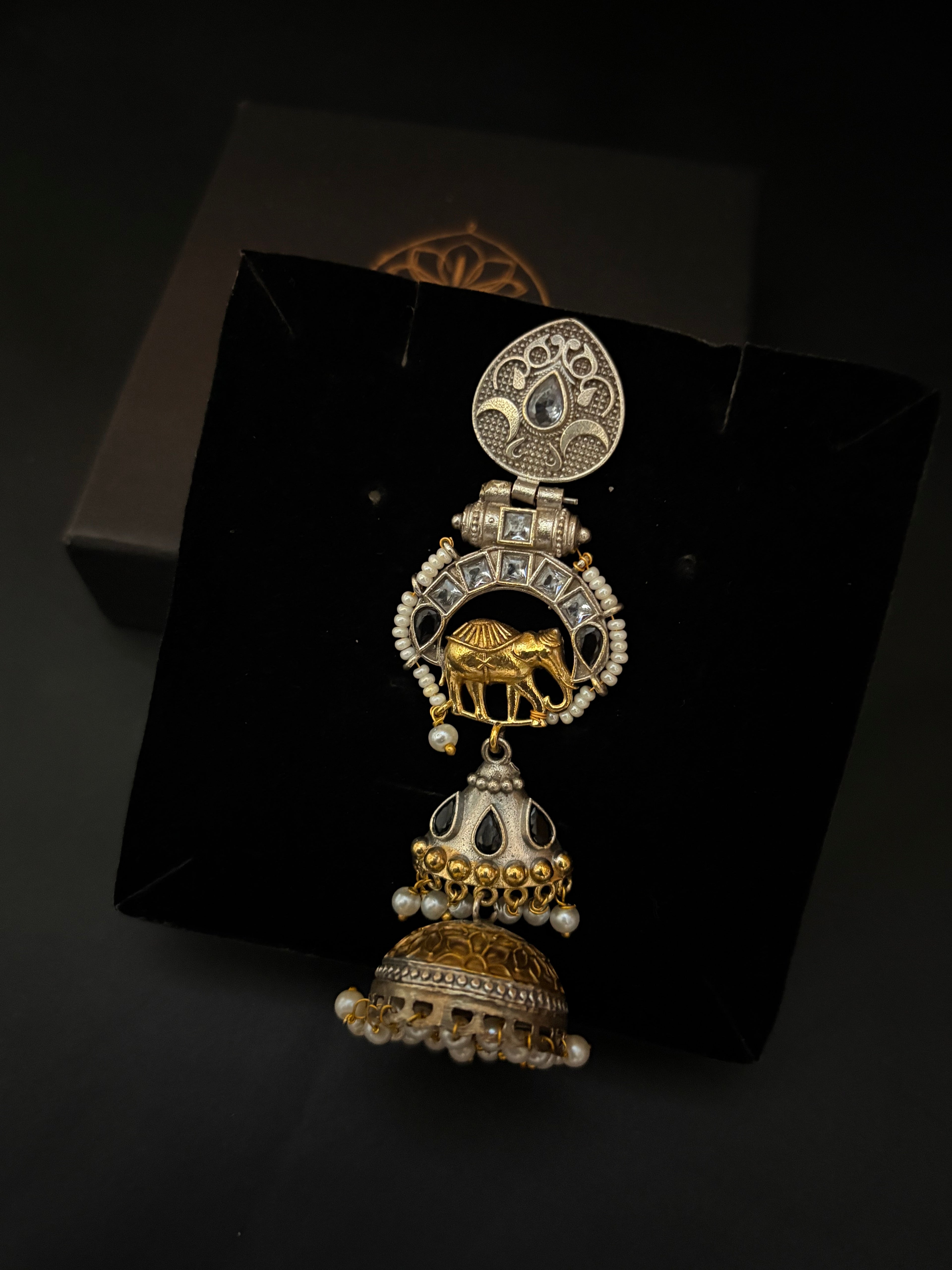 Dual-Tone Oxidized Silver Jhumkas with Gold Plated Elephant Motif