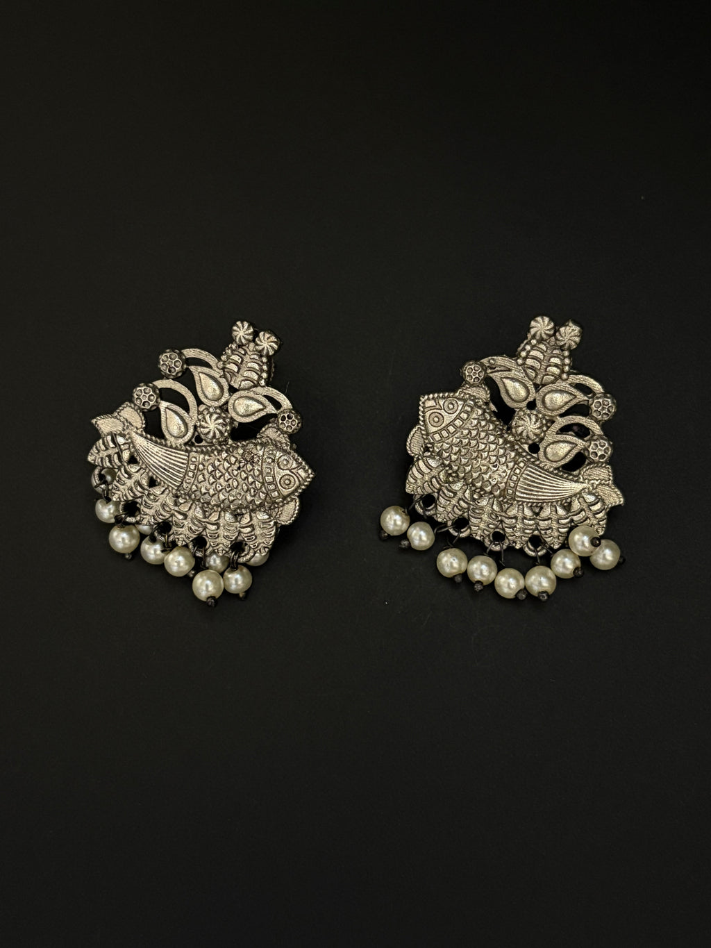 Oxidized Fish Earrings with Bead Drops