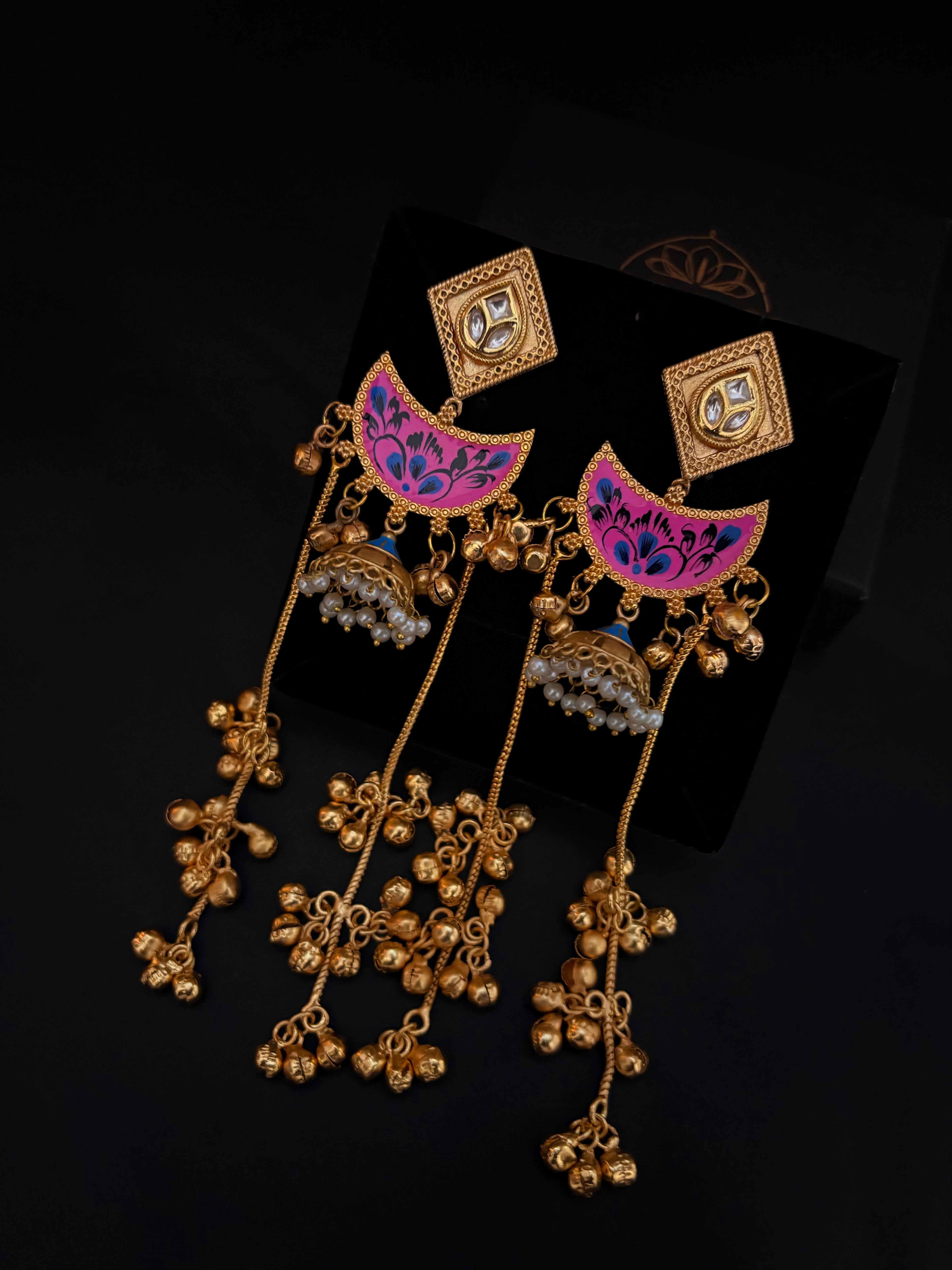 Pink Crescent Earrings with Ghungroo Drops