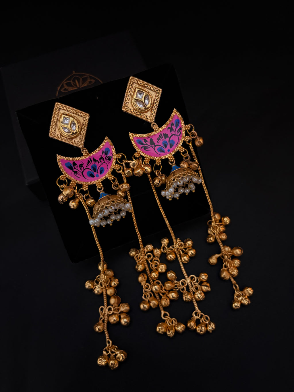 Pink Crescent Earrings with Ghungroo Drops