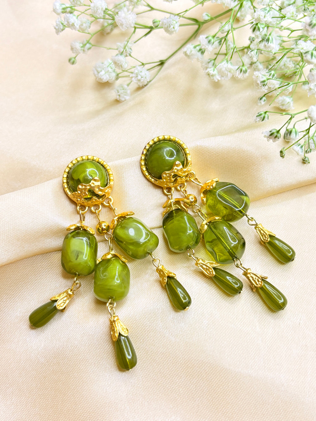 Vintage-Style Green and Gold Statement Earrings