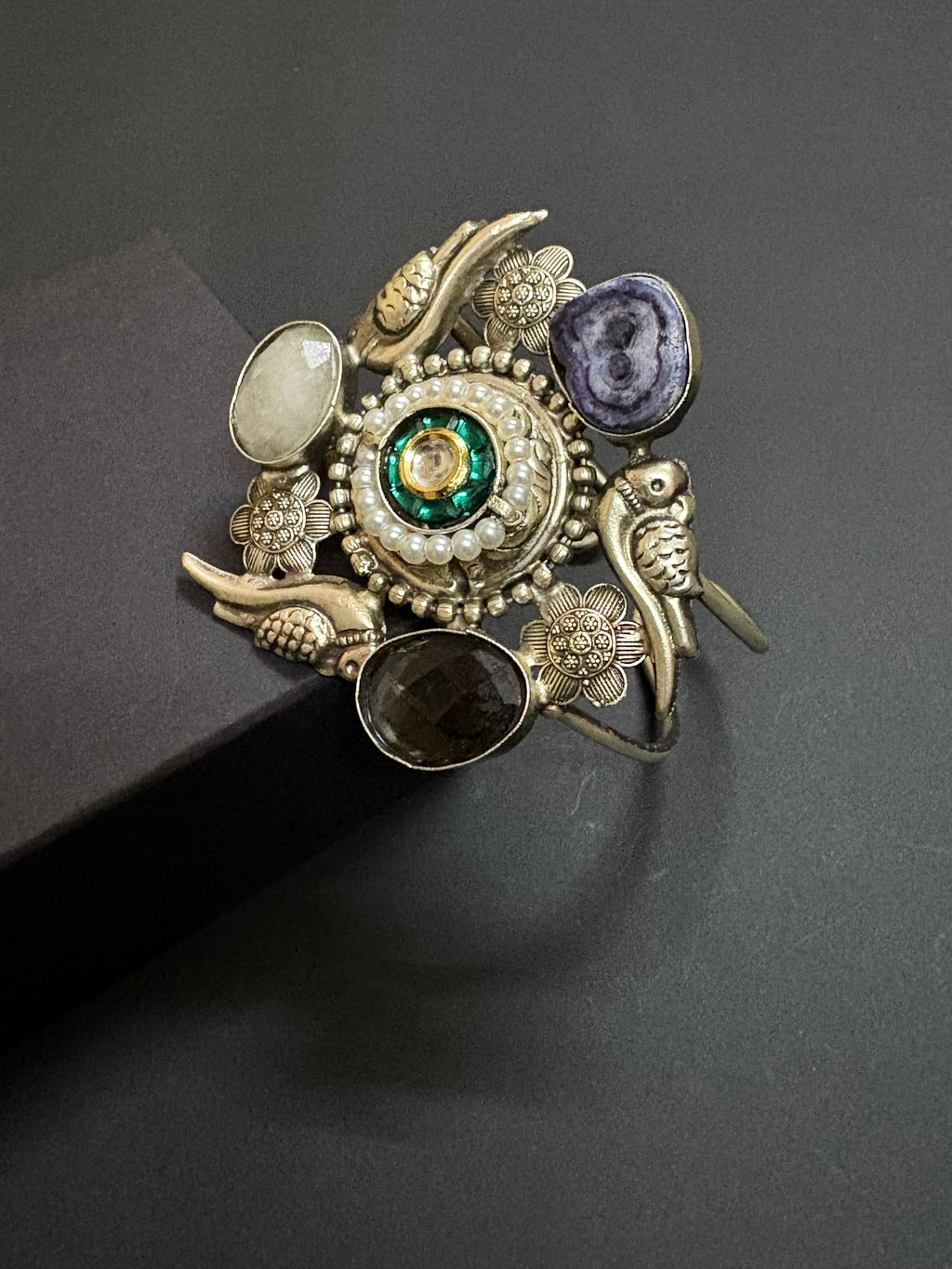 Handcrafted Silver Cuff with Gemstone & Bird Motif