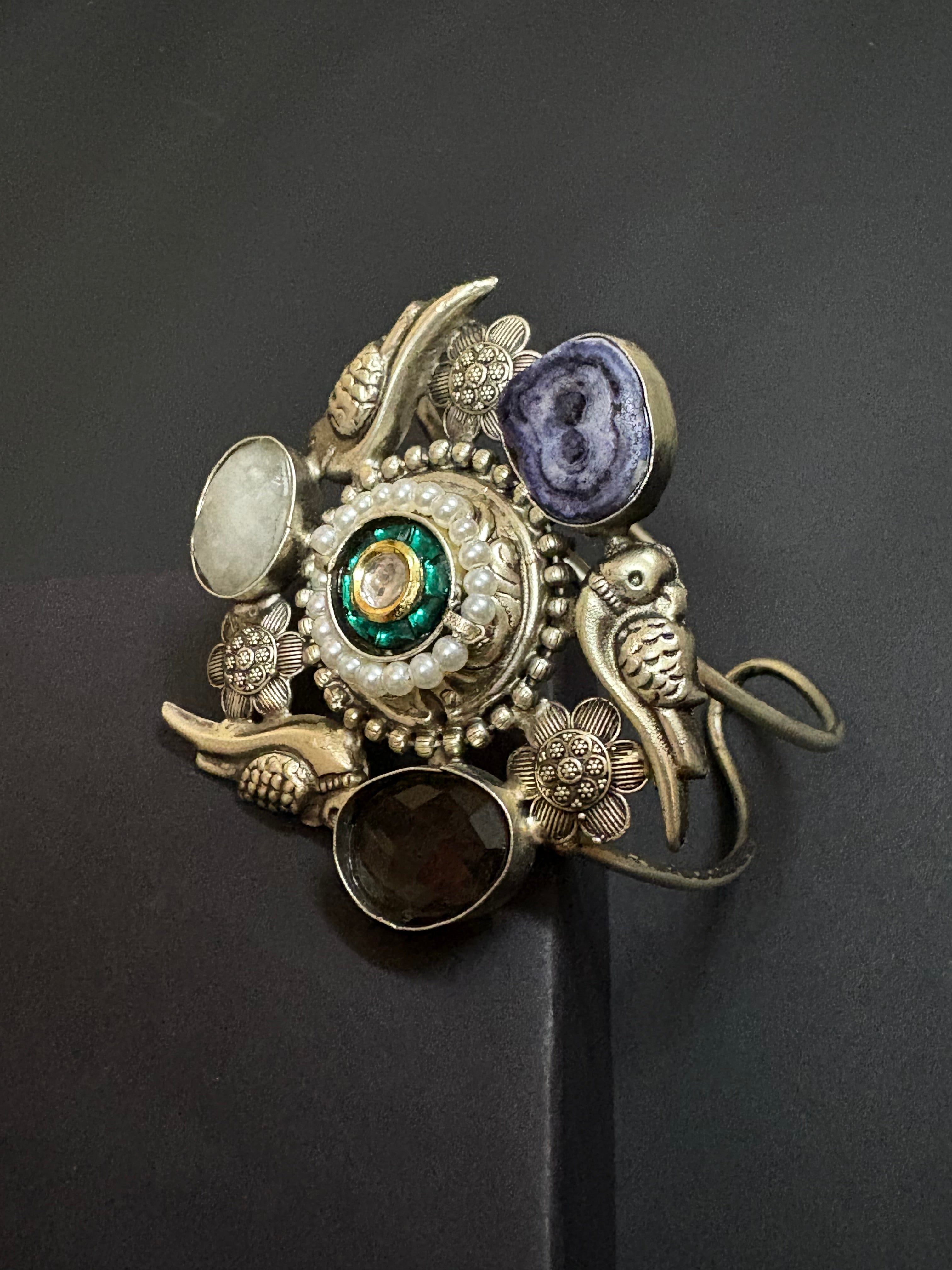 Handcrafted Silver Cuff with Gemstone & Bird Motif