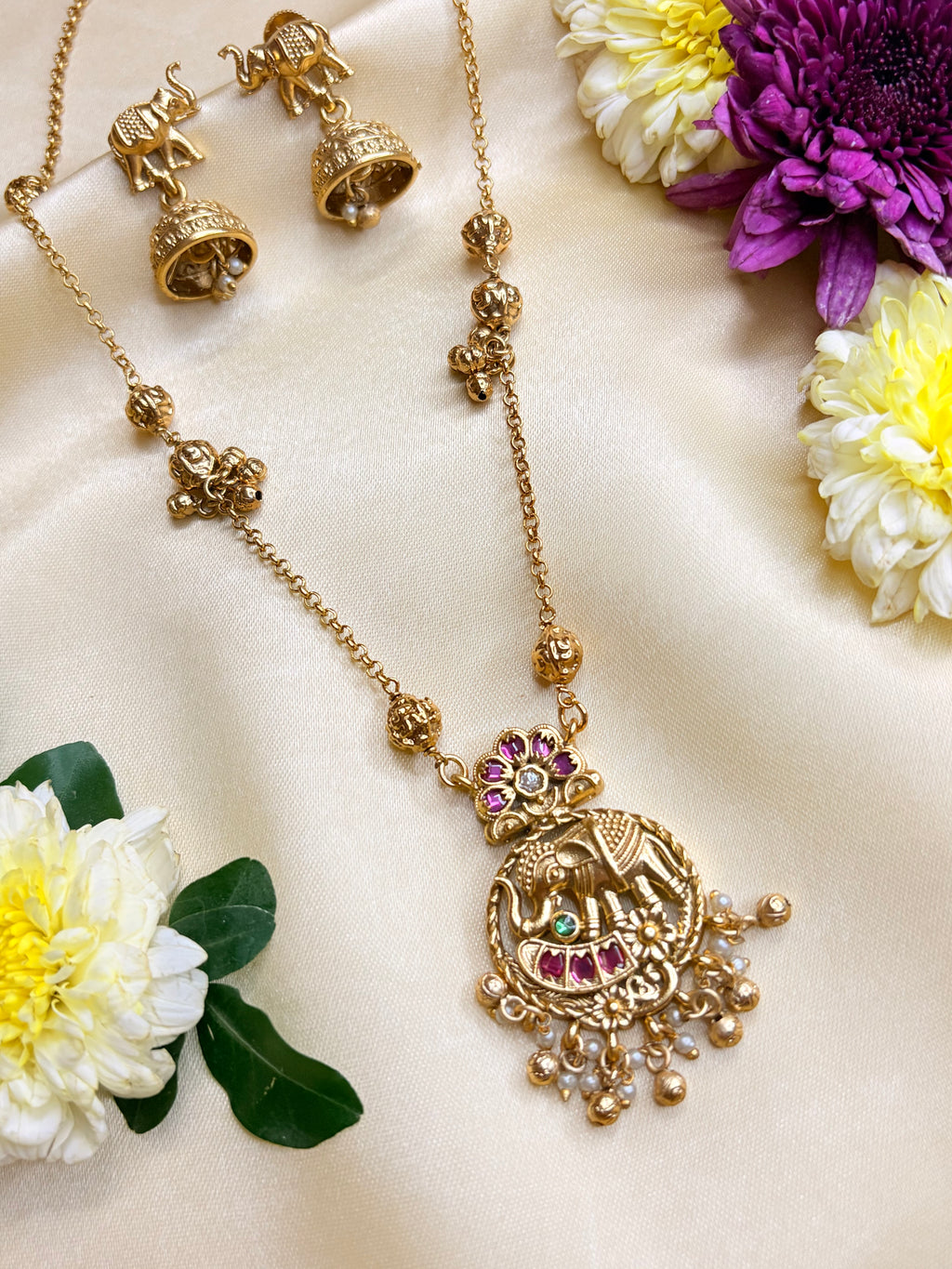 Gold Plated Elephant Motif Necklace Set with Jhumka Earrings
