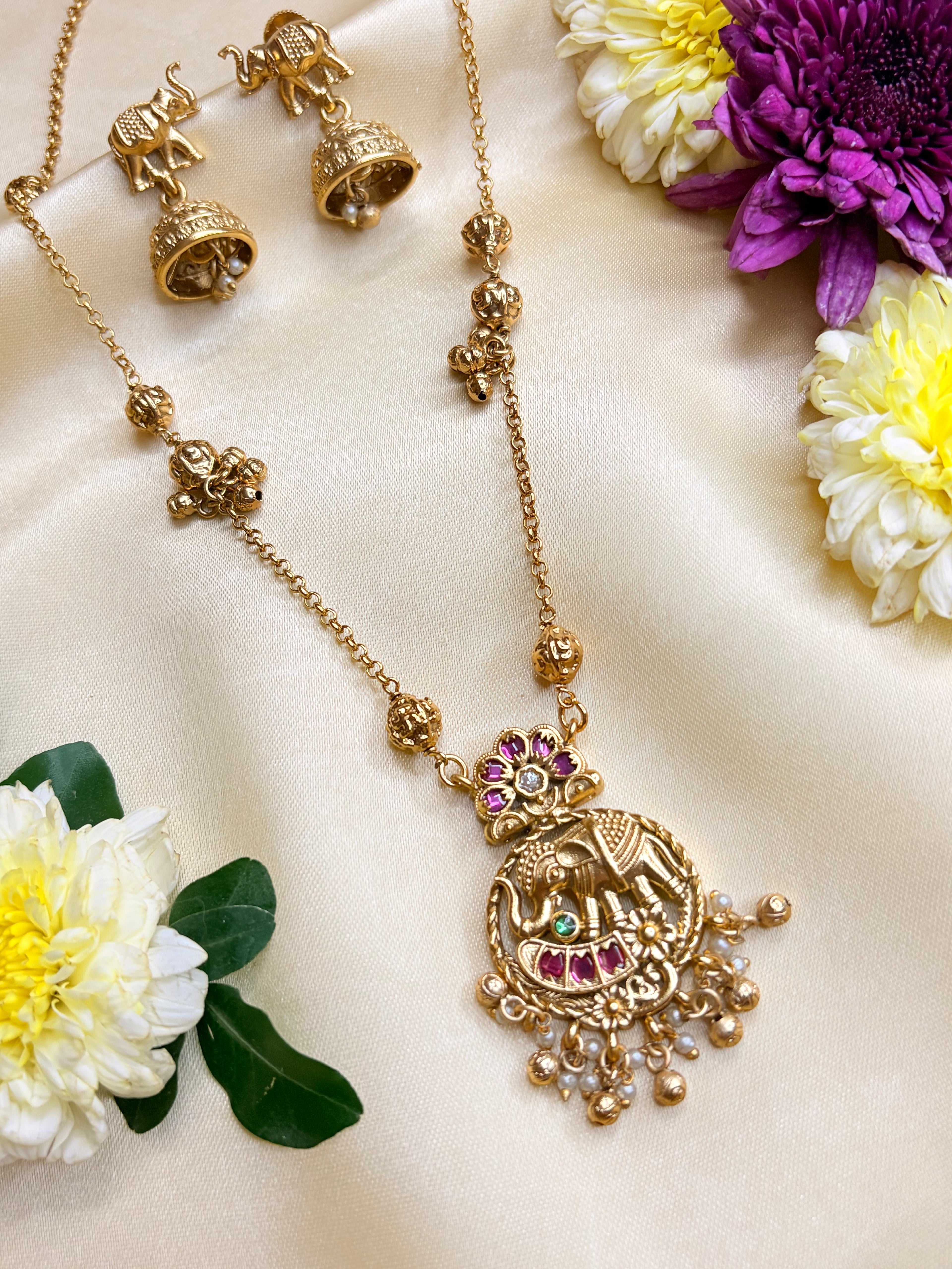 Gold Plated Elephant Motif Necklace Set with Jhumka Earrings