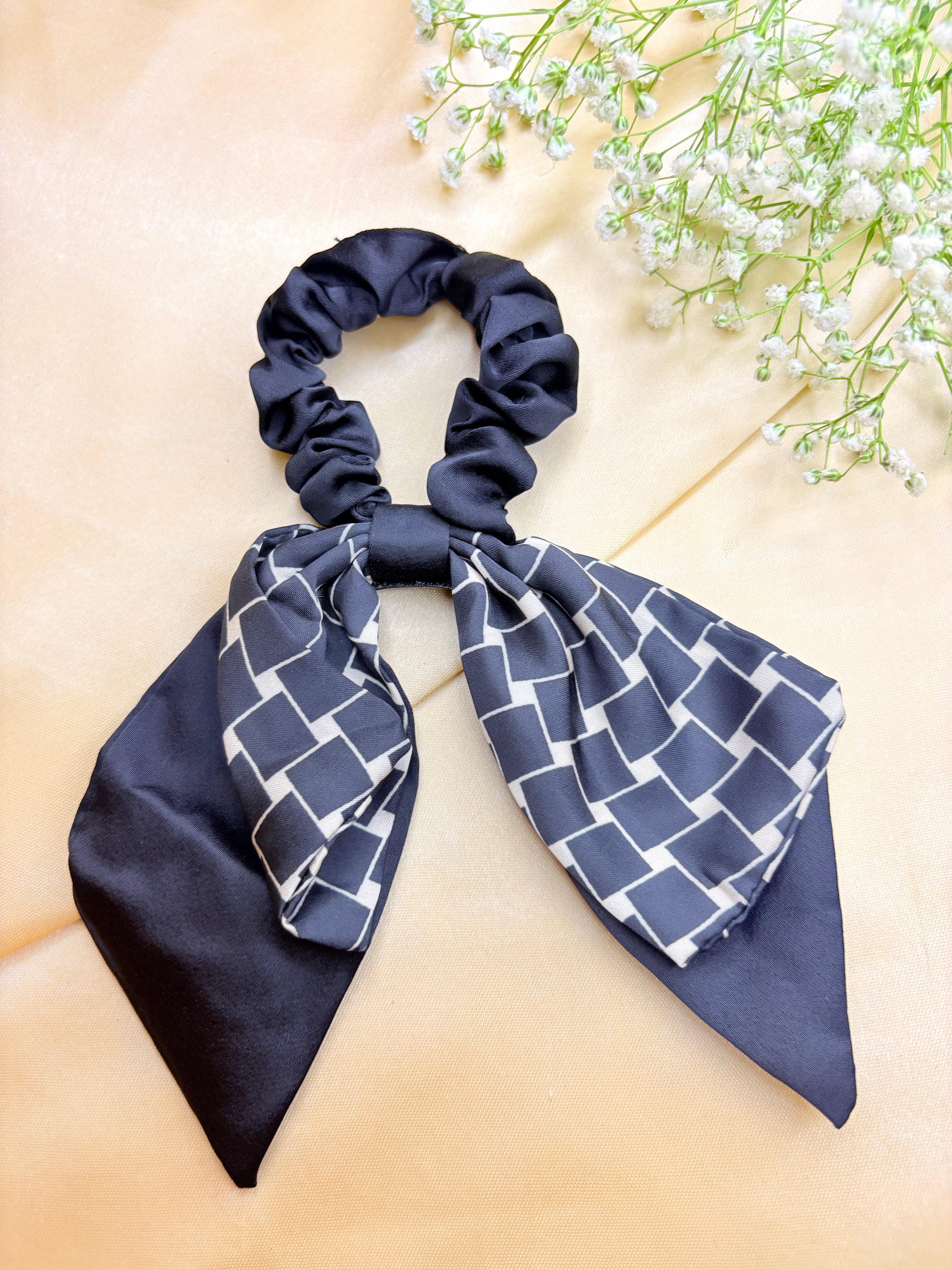 Satin Beige and Black Bow Scrunchie