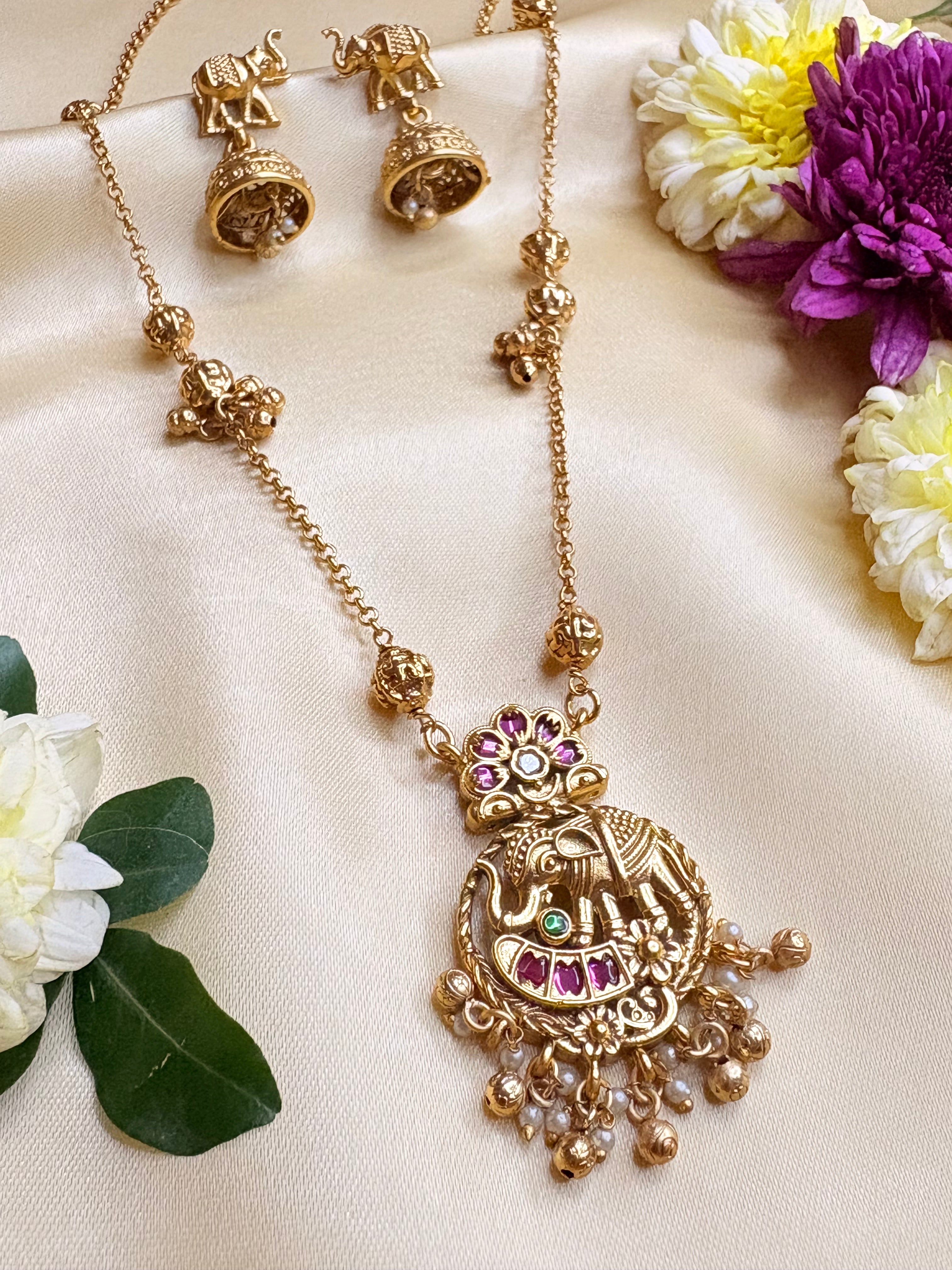 Gold Plated Elephant Motif Necklace Set with Jhumka Earrings
